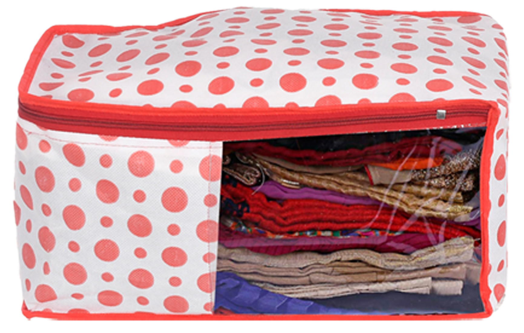 Kuber Industries Dot Printed Foldable, Lightweight Non-Woven Blouse & Saree Cover/Organizer Set With Tranasparent Window-(Pink)-46KM0471