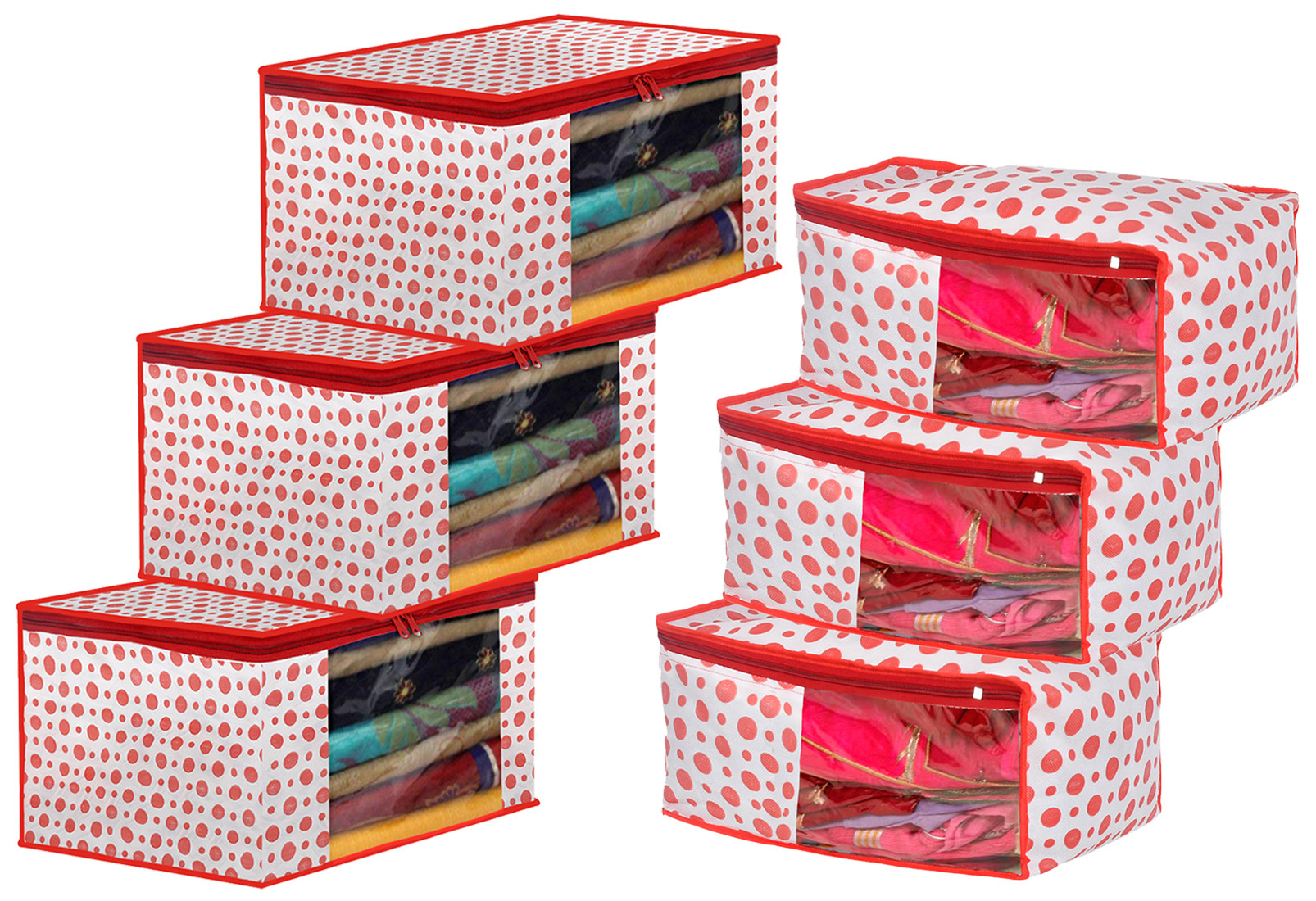 Kuber Industries Dot Printed Foldable, Lightweight Non-Woven Blouse & Saree Cover/Organizer Set With Tranasparent Window-(Pink)-46KM0471