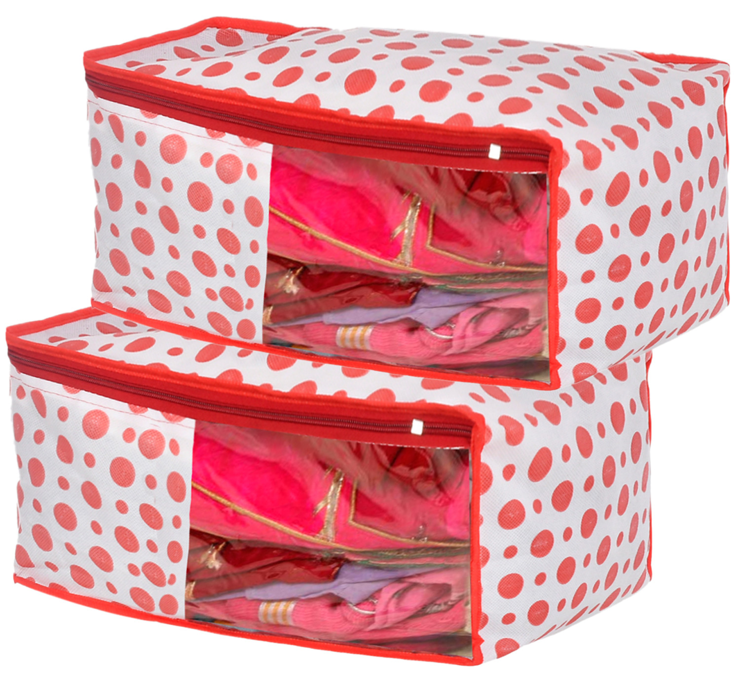 Kuber Industries Dot Printed Foldable, Lightweight Non-Woven Blouse Cover/Organizer With Tranasparent Window- (Pink)-46KM0295