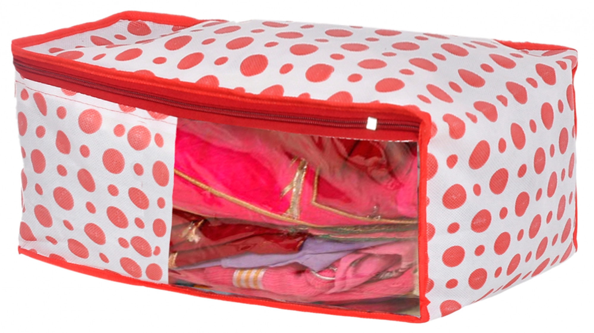 Kuber Industries Dot Printed Foldable, Lightweight Non-Woven Blouse Cover/Organizer With Tranasparent Window- (Pink)-46KM0295