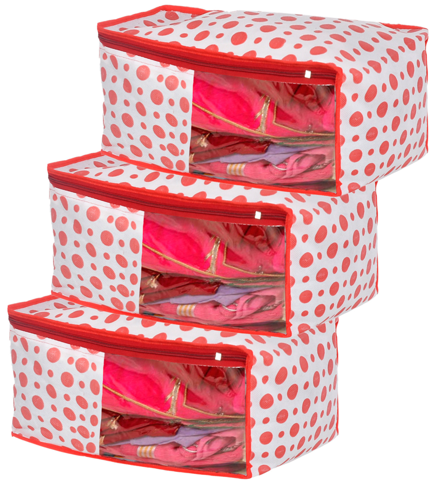 Kuber Industries Dot Printed Foldable, Lightweight Non-Woven Blouse Cover/Organizer With Tranasparent Window- (Pink)-46KM0295