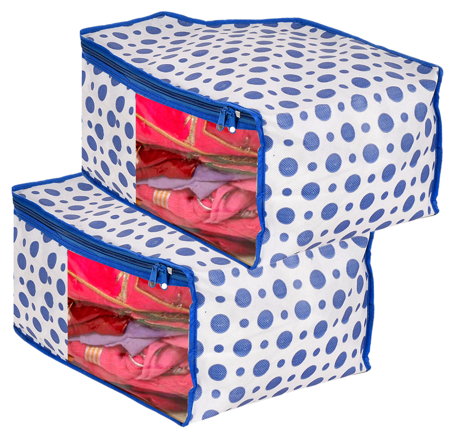 Kuber Industries Dot Printed Foldable, Lightweight Non-Woven Blouse Cover/Organizer With Tranasparent Window- (Blue)-46KM0303