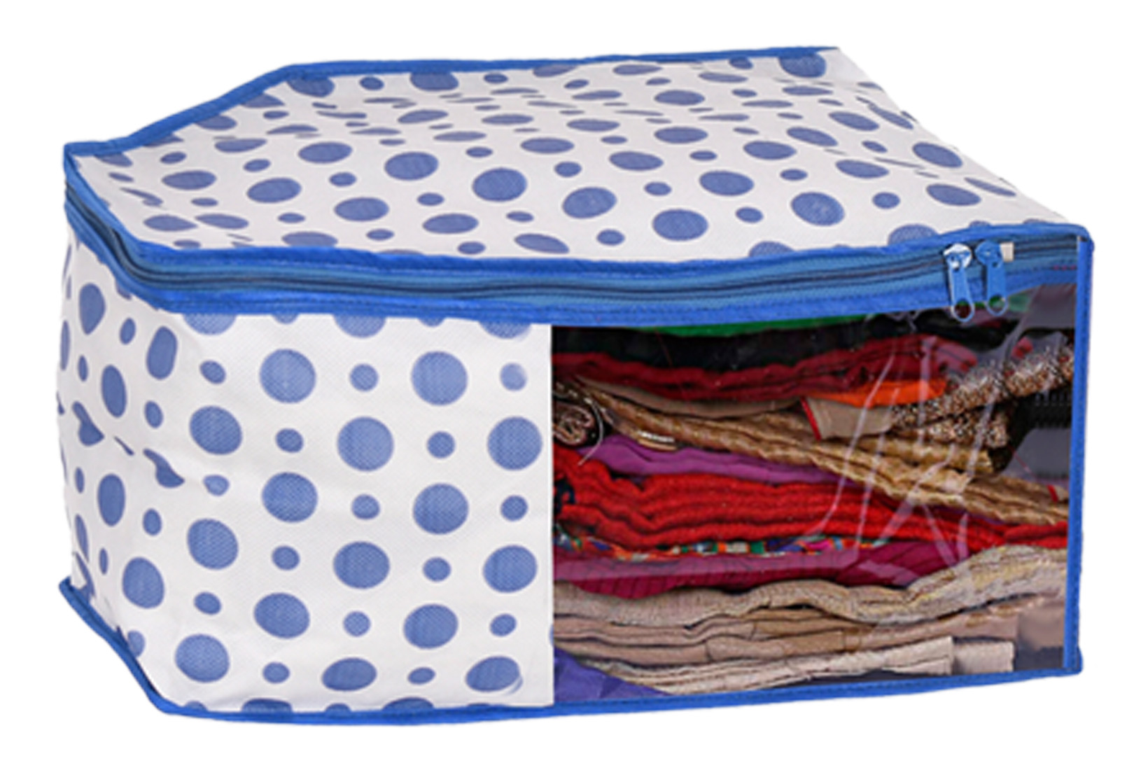 Kuber Industries Dot Printed Foldable, Lightweight Non-Woven Blouse Cover/Organizer With Tranasparent Window- (Blue)-46KM0303