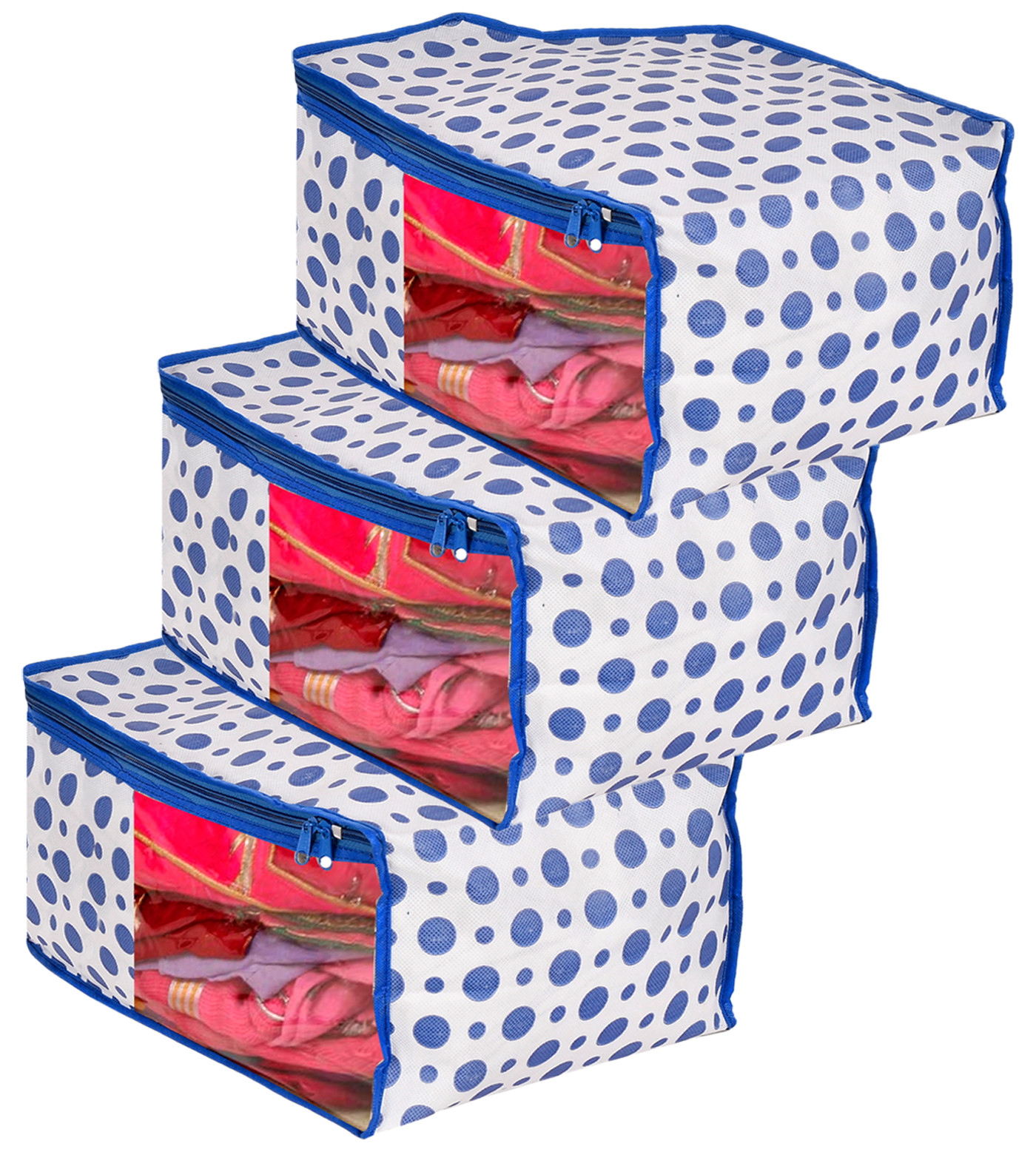 Kuber Industries Dot Printed Foldable, Lightweight Non-Woven Blouse Cover/Organizer With Tranasparent Window- (Blue)-46KM0303