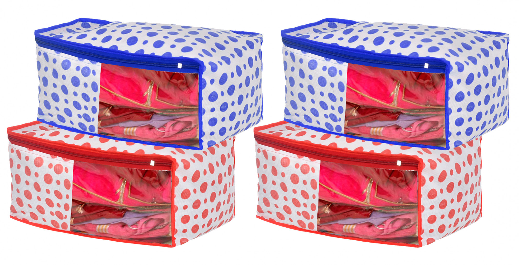 Kuber Industries Dot Printed Foldable, Lightweight Non-Woven Blouse Cover/Organizer With Tranasparent Window- (Blue & Pink)-46KM0311