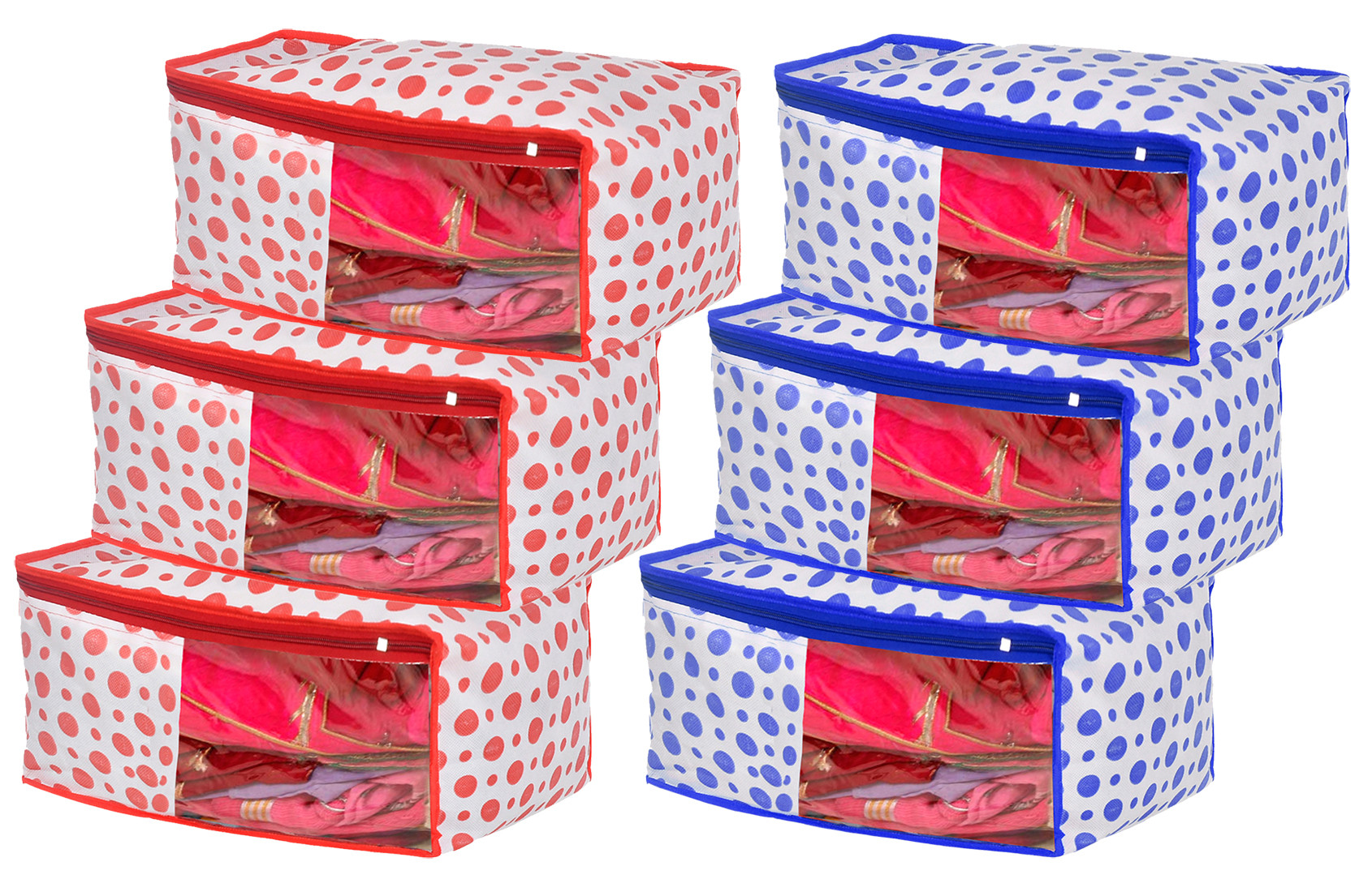 Kuber Industries Dot Printed Foldable, Lightweight Non-Woven Blouse Cover/Organizer With Tranasparent Window- (Blue & Pink)-46KM0311