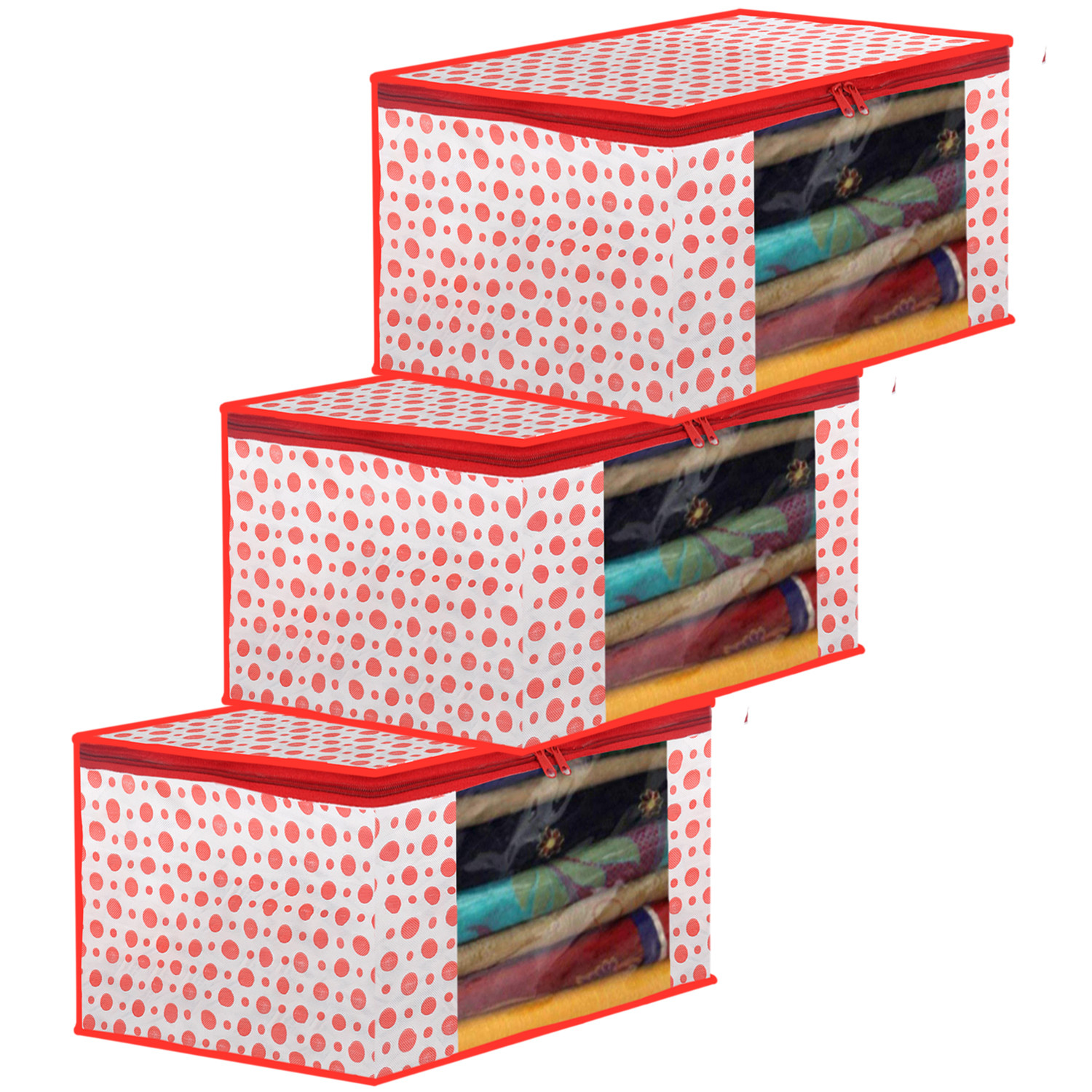 Kuber Industries Dot Printed Foldable, Lightweight Non-Woven Saree Cover/Organizer With Tranasparent Window-(Pink)-46KM0477