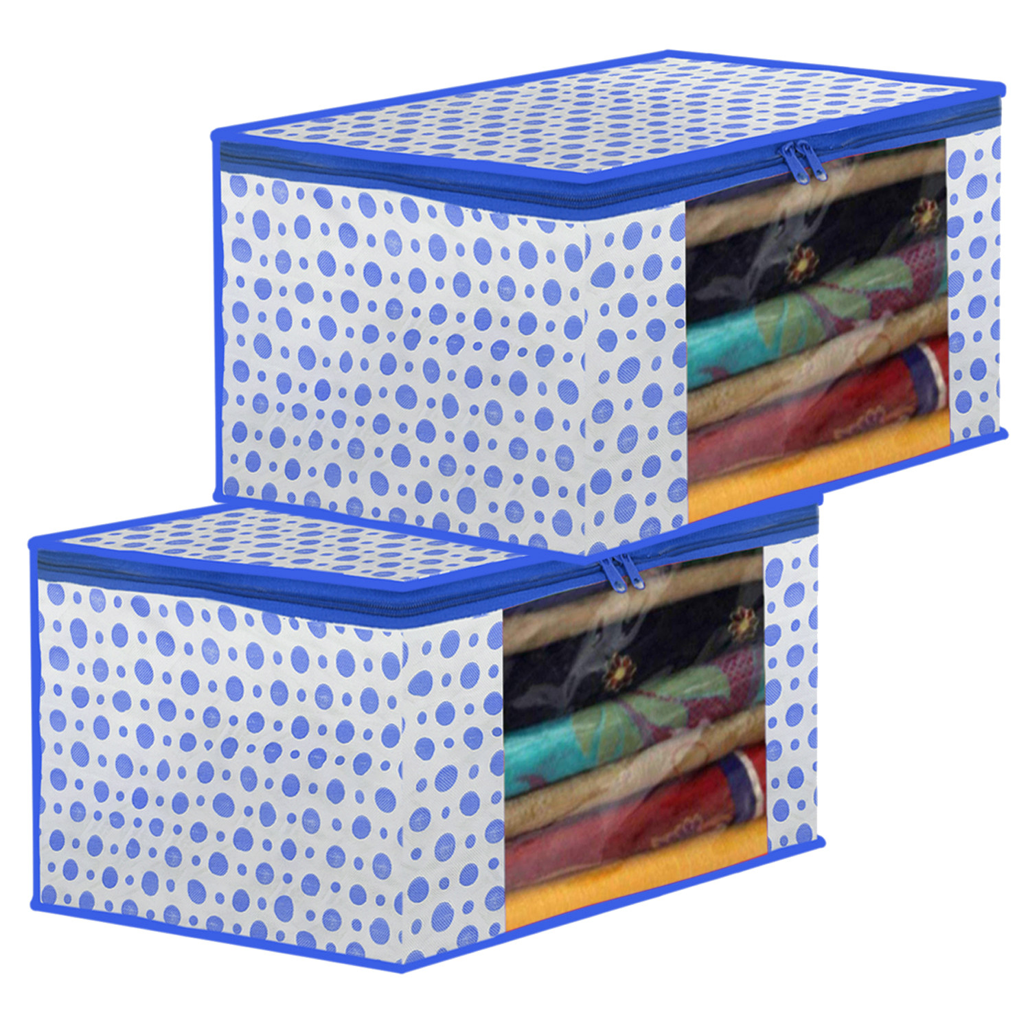 Kuber Industries Dot Printed Foldable, Lightweight Non-Woven Saree Cover/Organizer With Tranasparent Window-(Blue)-46KM0491