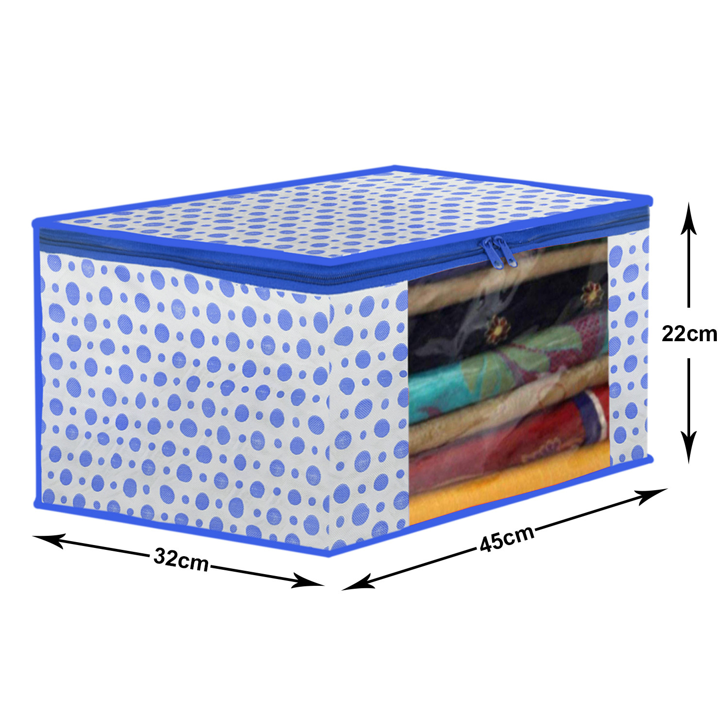 Kuber Industries Dot Printed Foldable, Lightweight Non-Woven Saree Cover/Organizer With Tranasparent Window-(Blue)-46KM0491