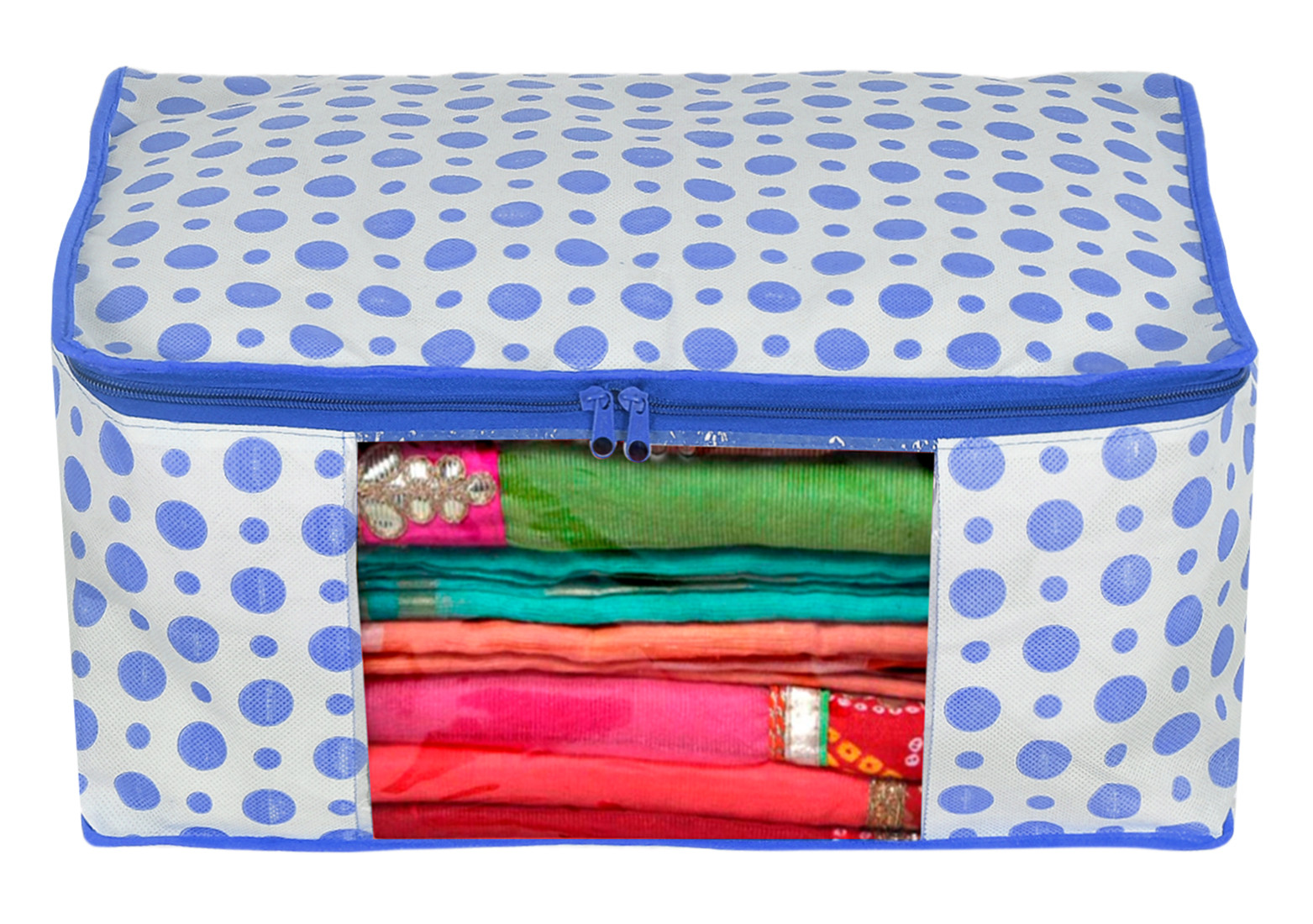 Kuber Industries Dot Printed Foldable, Lightweight Non-Woven Saree Cover/Organizer With Tranasparent Window-(Blue)-46KM0491