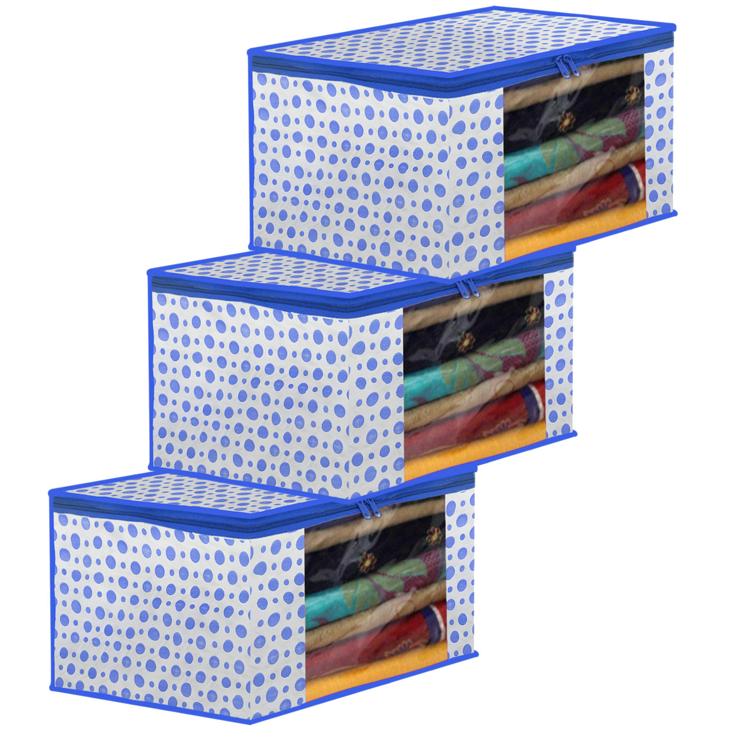 Kuber Industries Dot Printed Foldable, Lightweight Non-Woven Saree Cover/Organizer With Tranasparent Window-(Blue)-46KM0491