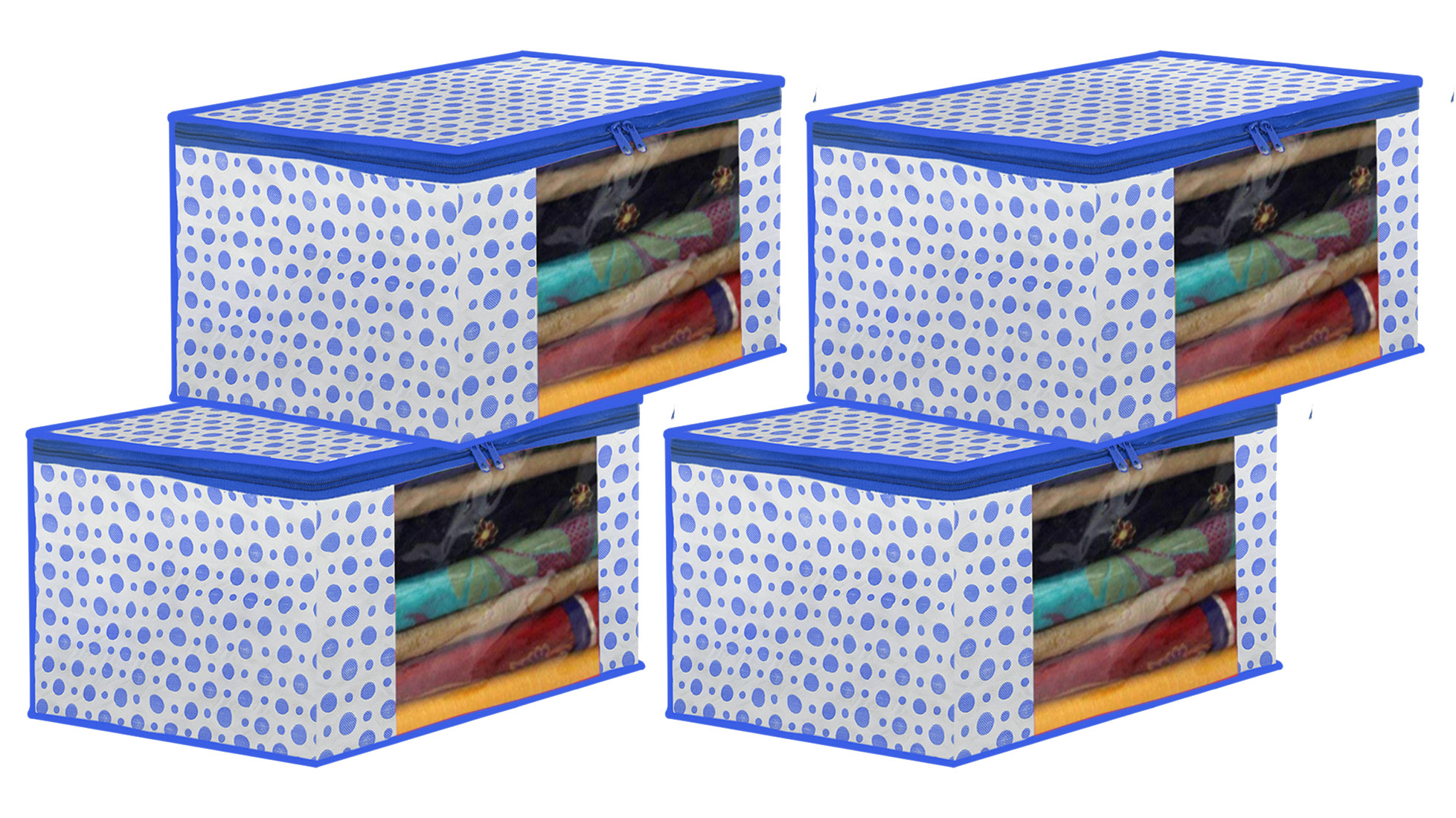 Kuber Industries Dot Printed Foldable, Lightweight Non-Woven Saree Cover/Organizer With Tranasparent Window-(Blue)-46KM0491