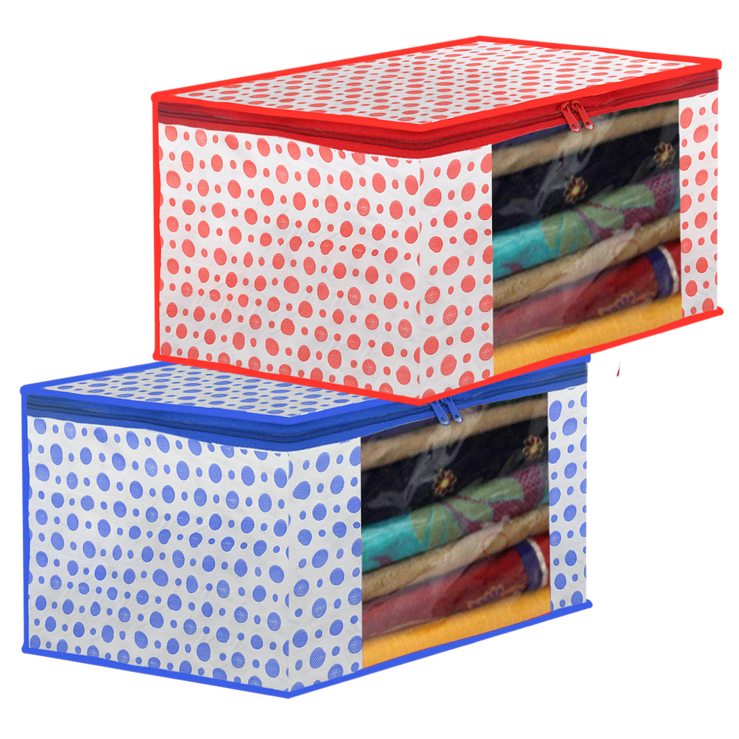 Kuber Industries Dot Printed Foldable, Lightweight Non-Woven Saree Cover/Organizer With Tranasparent Window- (Blue & Pink)-46KM0505