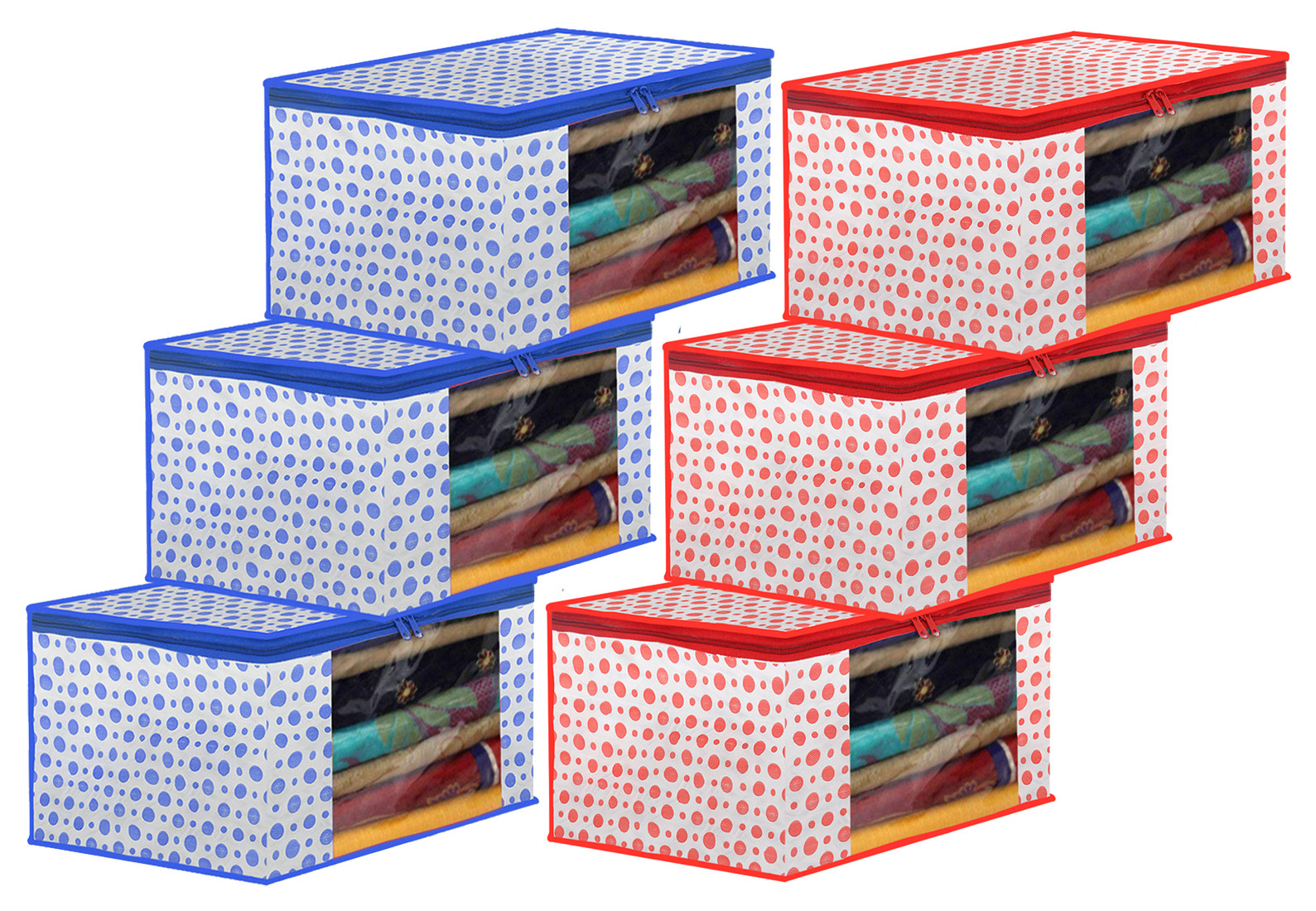 Kuber Industries Dot Printed Foldable, Lightweight Non-Woven Saree Cover/Organizer With Tranasparent Window- (Blue & Pink)-46KM0505