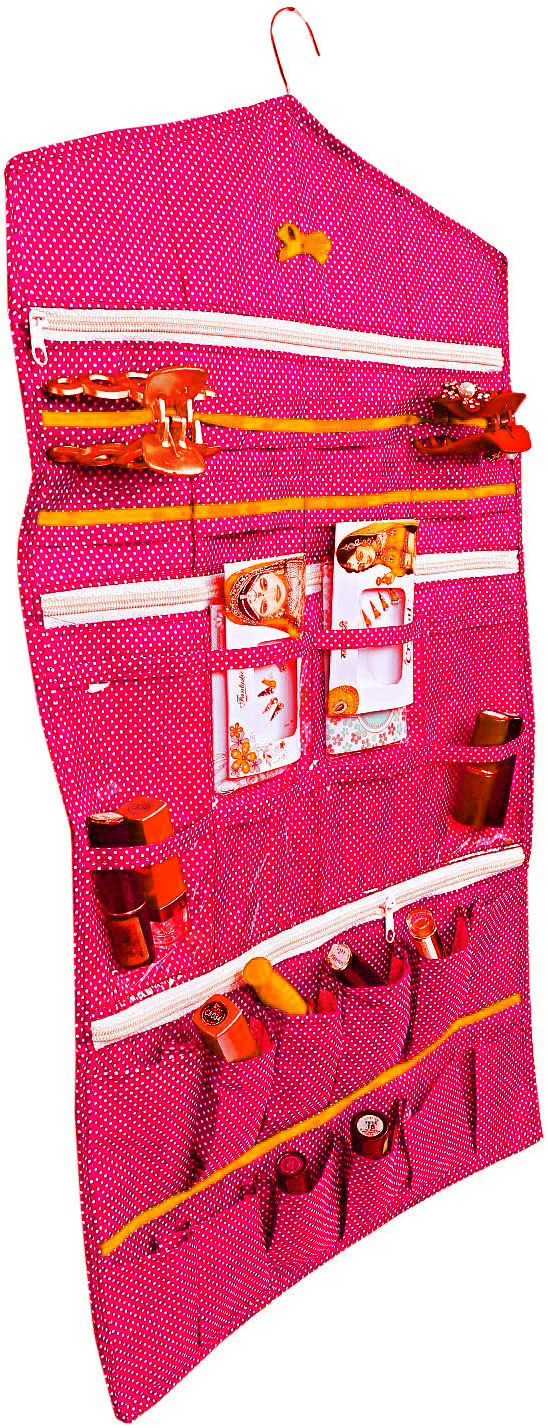 Kuber Industries Dot Printed Hanging Jewellery Organizer, Hanging Wall Pocket Storage Bag For Storing Earrings Necklace Bracelet Ring Accessory with Hanger (Pink)