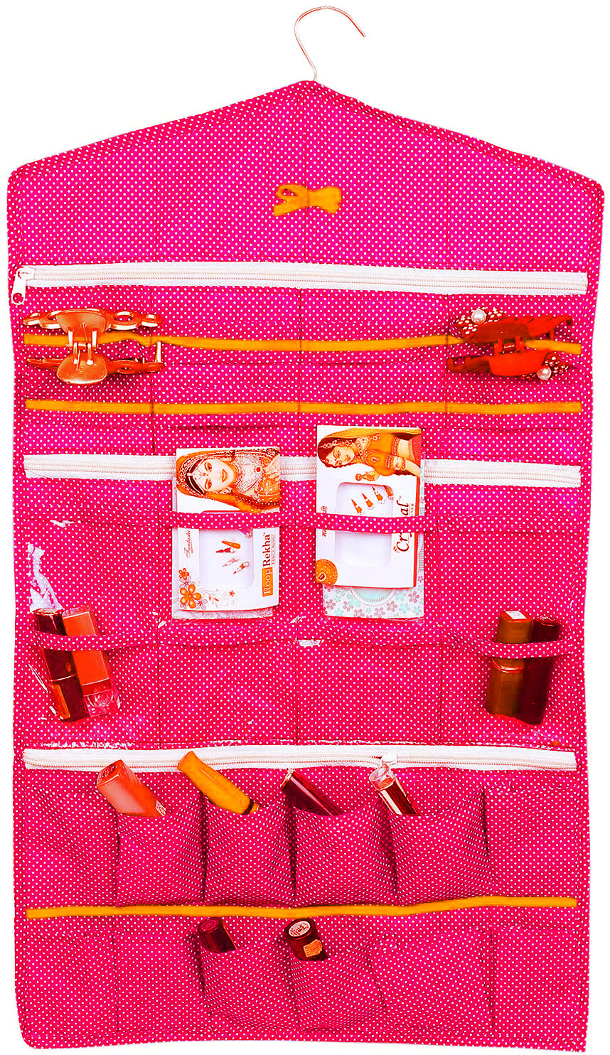 Kuber Industries Dot Printed Hanging Jewellery Organizer, Hanging Wall Pocket Storage Bag For Storing Earrings Necklace Bracelet Ring Accessory with Hanger (Red)