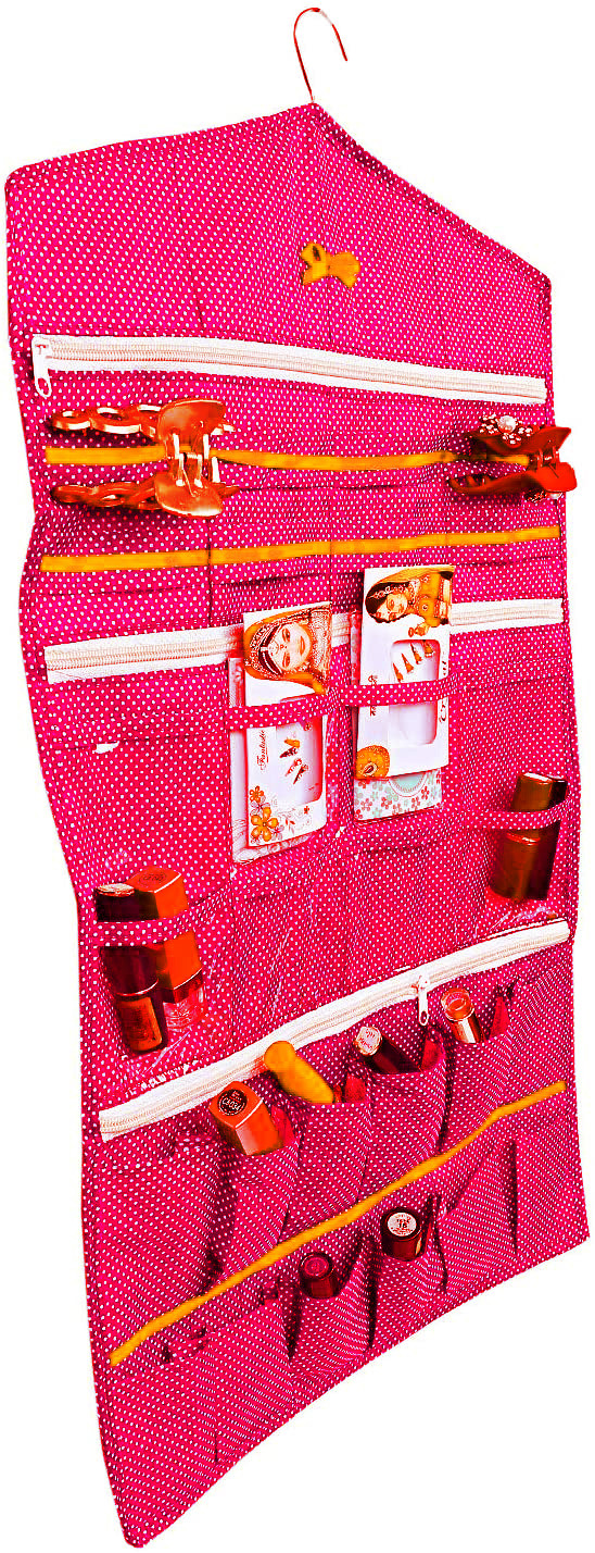 Kuber Industries Dot Printed Hanging Jewellery Organizer, Hanging Wall Pocket Storage Bag For Storing Earrings Necklace Bracelet Ring Accessory with Hanger (Red)