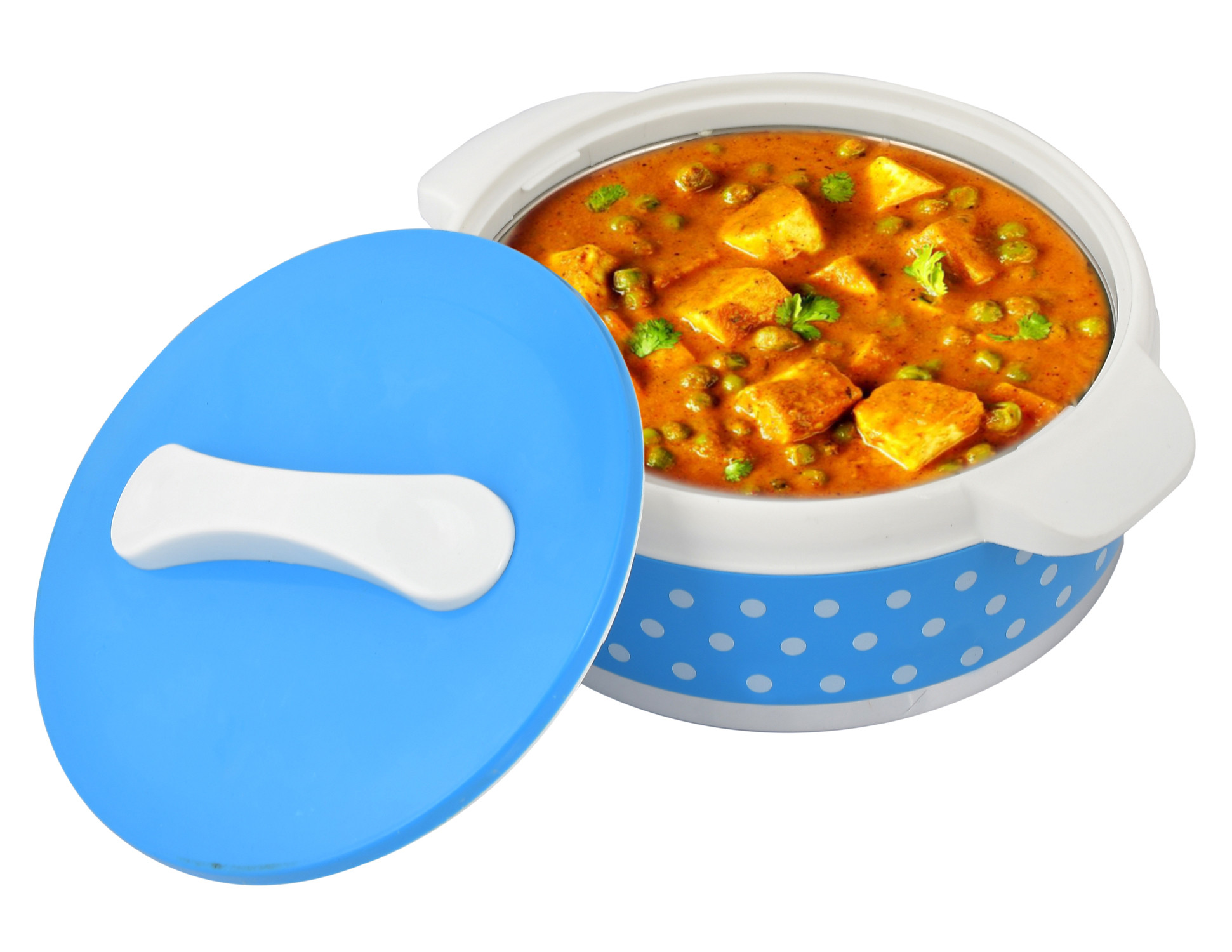 Kuber Industries Dot Printed Inner Steel Casserole With Lid, 1500ml (Blue)-HS42KUBMART25029