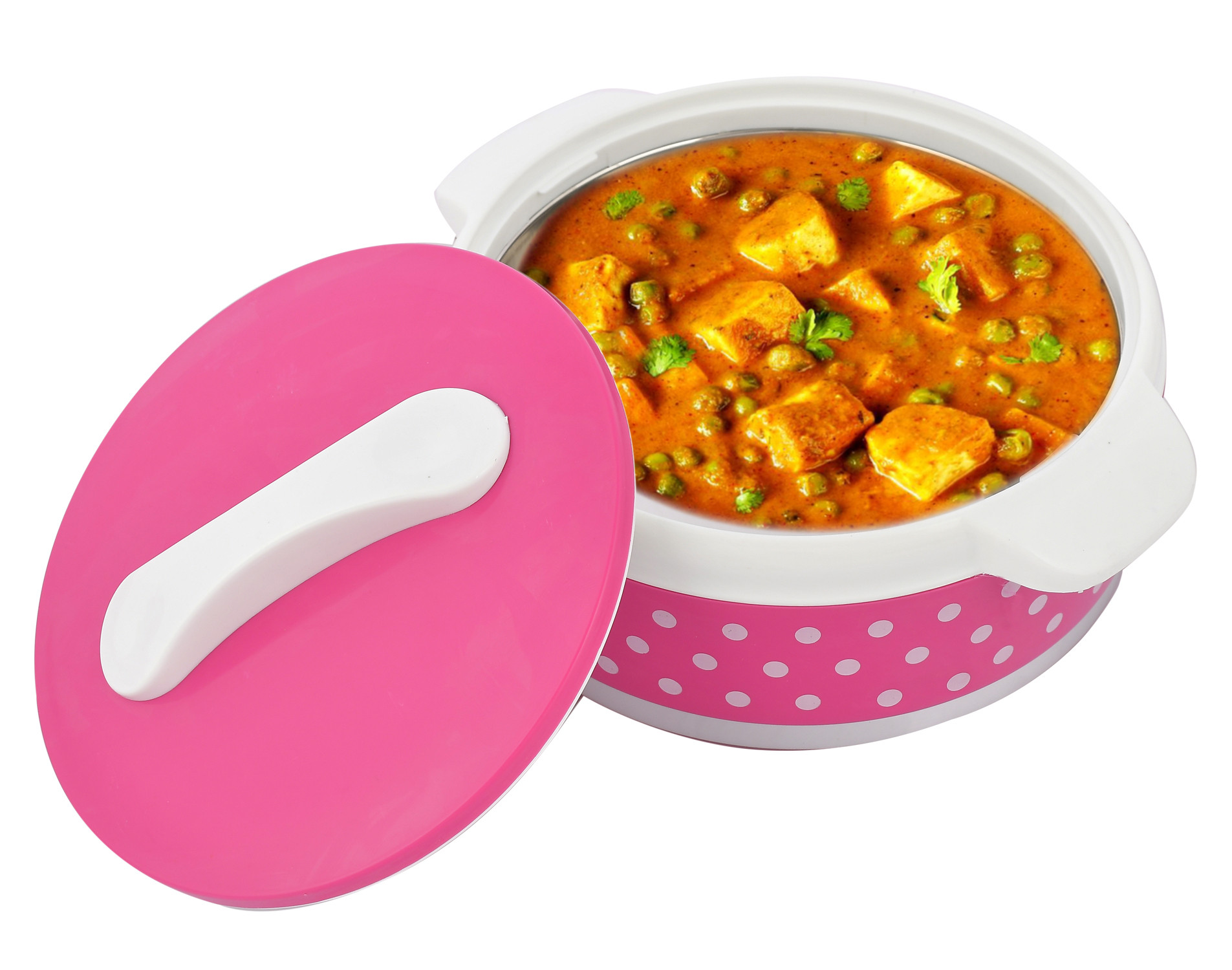 Kuber Industries Dot Printed Inner Steel Casserole With Lid, 1500ml (Pink)-HS42KUBMART25025
