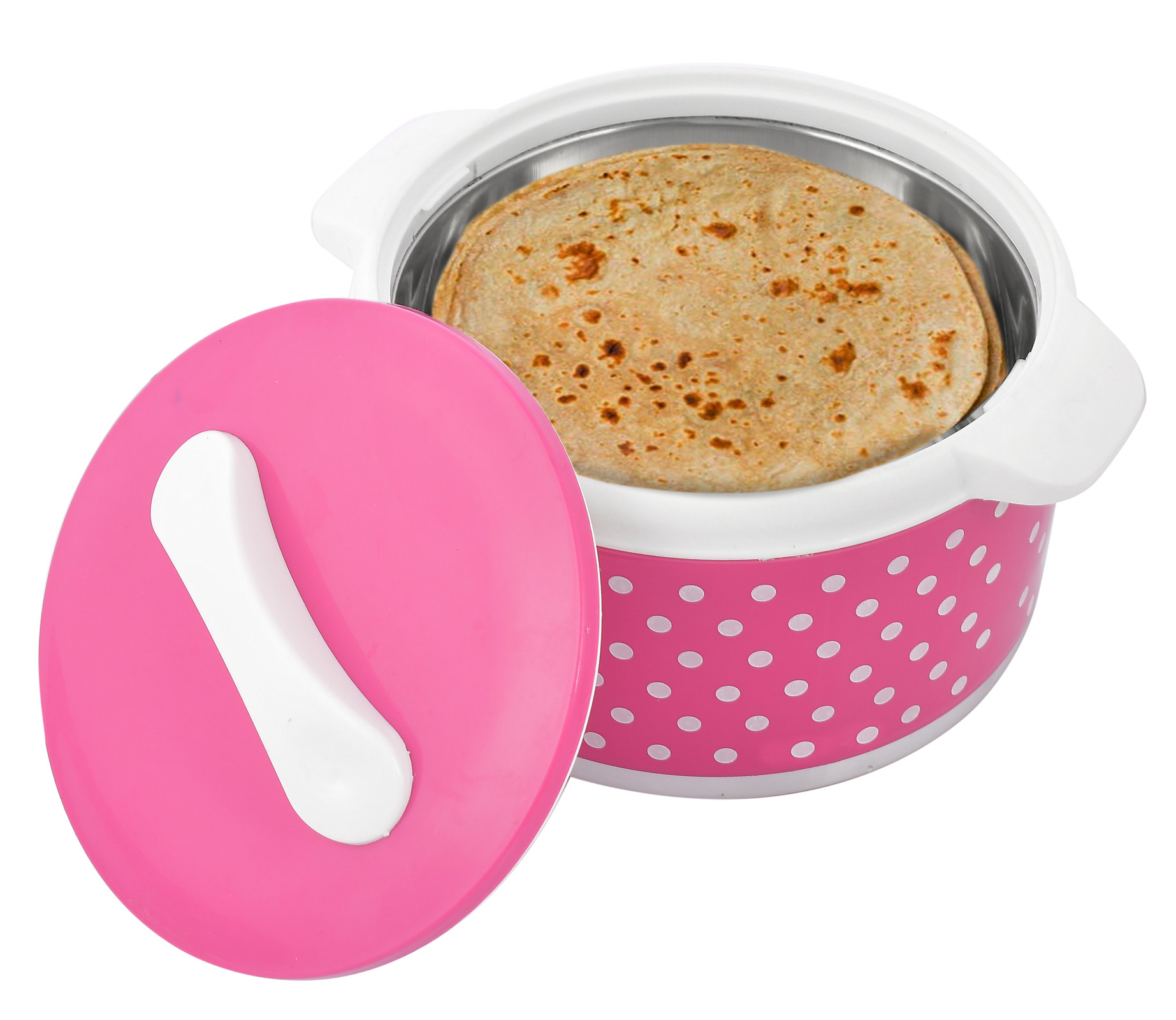 Kuber Industries Dot Printed Inner Steel Casserole With Lid, 2500ml (Pink)-HS42KUBMART25041