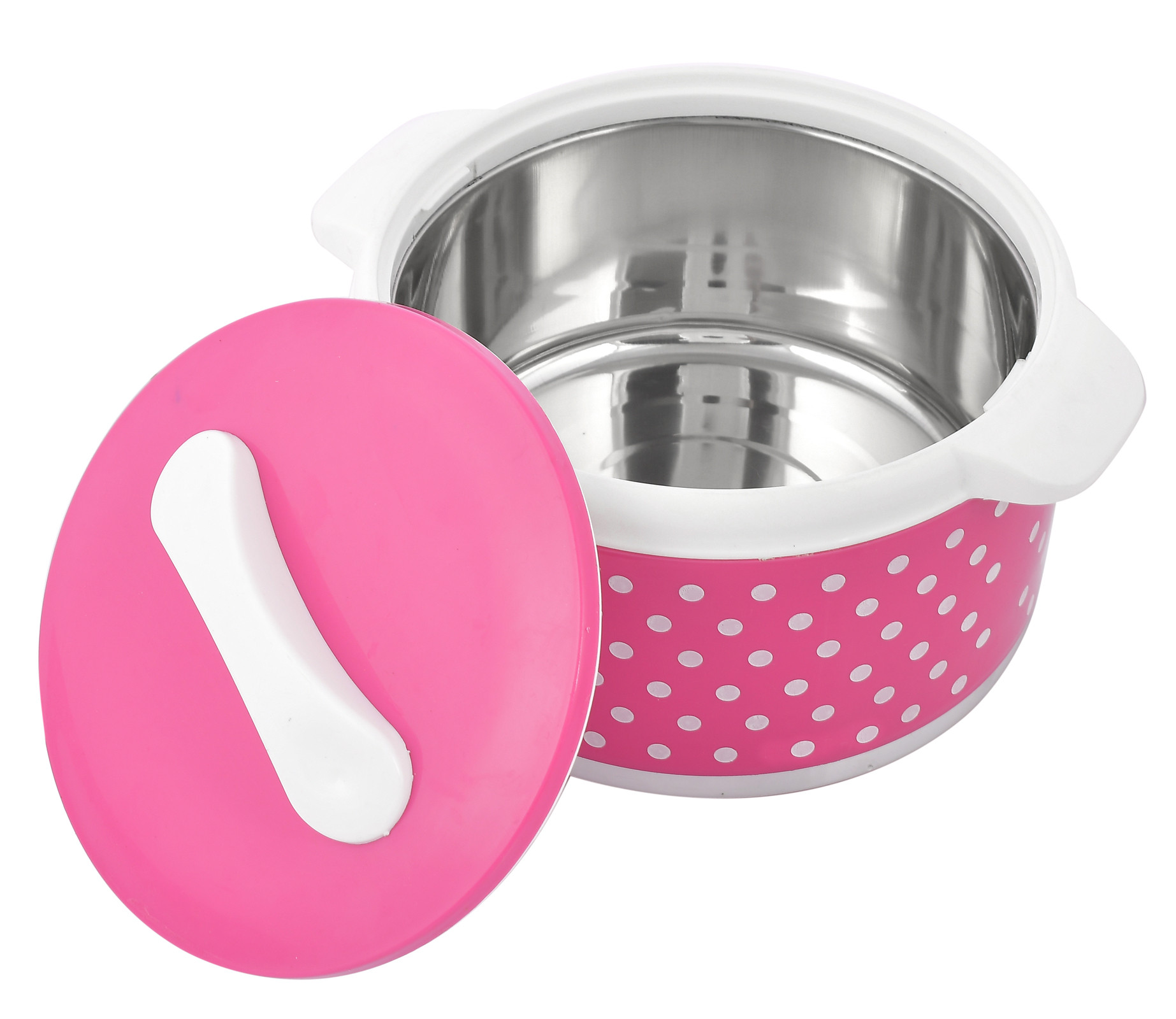 Kuber Industries Dot Printed Inner Steel Casserole With Lid, 2500ml (Pink)-HS42KUBMART25041