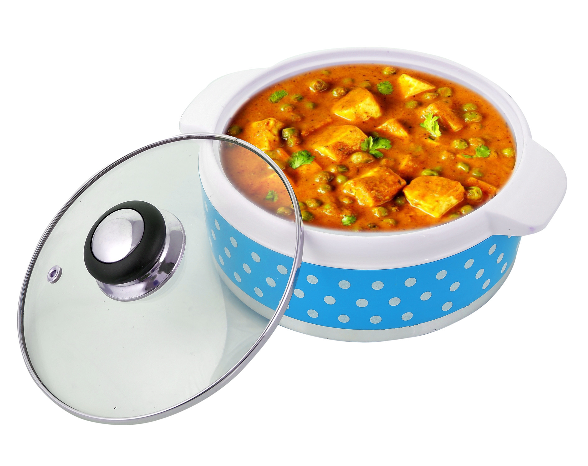 Kuber Industries Dot Printed Inner Steel Casserole With Toughened Glass Lid, 1500ml (Blue)-HS42KUBMART25009