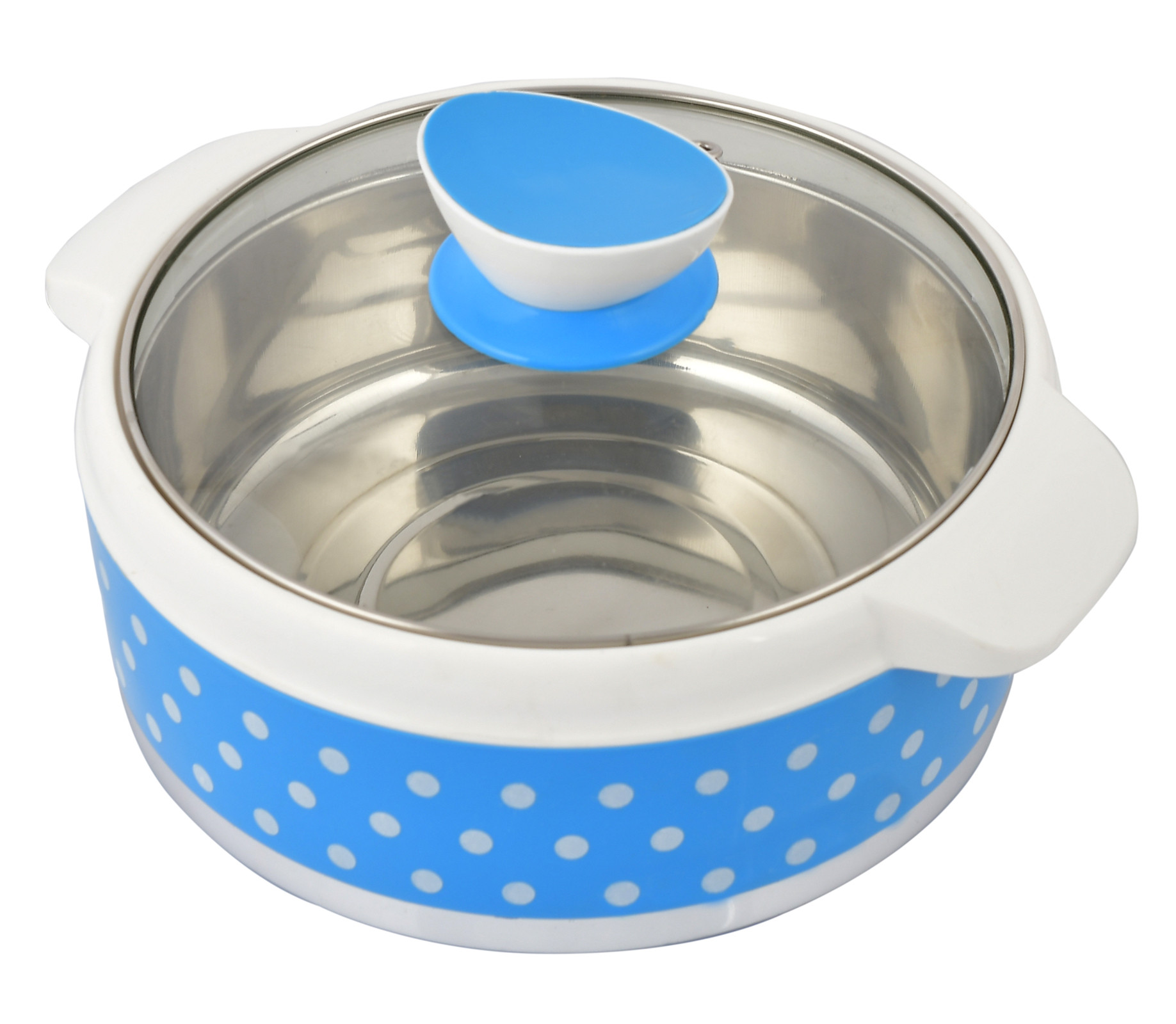 Kuber Industries Dot Printed Inner Steel Casserole With Toughened Glass Lid, 1500ml (Blue)-HS42KUBMART25009