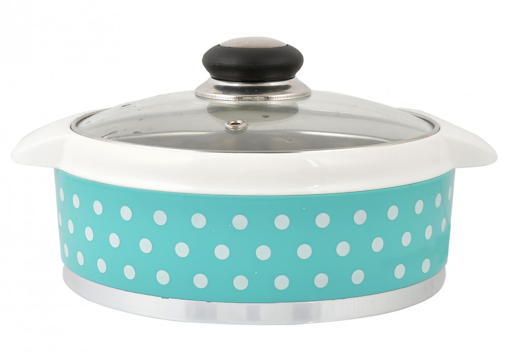 Kuber Industries Dot Printed Inner Steel Casserole With Toughened Glass Lid, 1500ml (Green)-HS42KUBMART25001