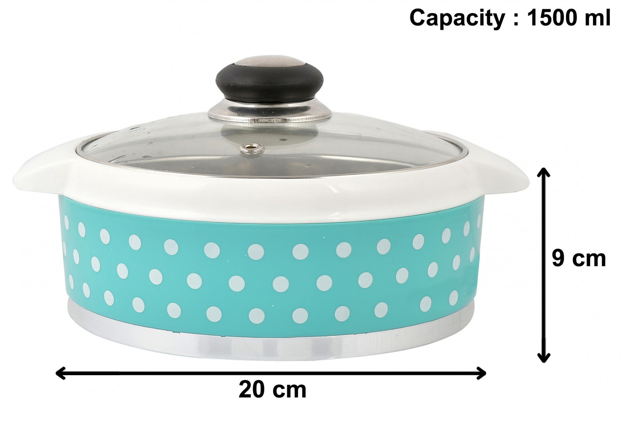 Kuber Industries Dot Printed Inner Steel Casserole With Toughened Glass Lid, 1500ml (Green)-HS42KUBMART25001
