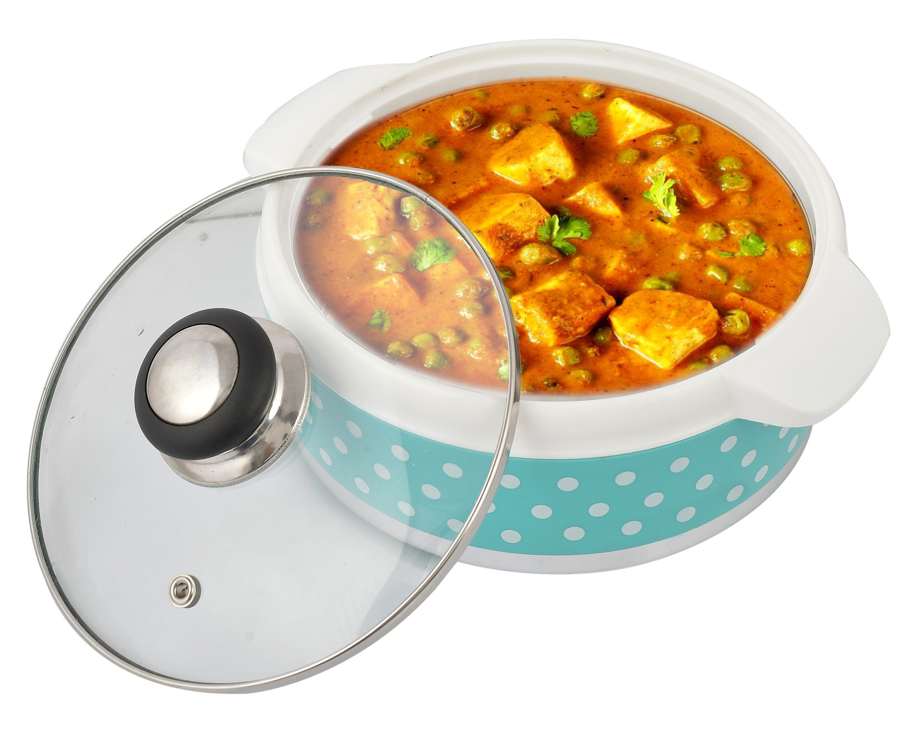 Kuber Industries Dot Printed Inner Steel Casserole With Toughened Glass Lid, 1500ml (Green)-HS42KUBMART25001