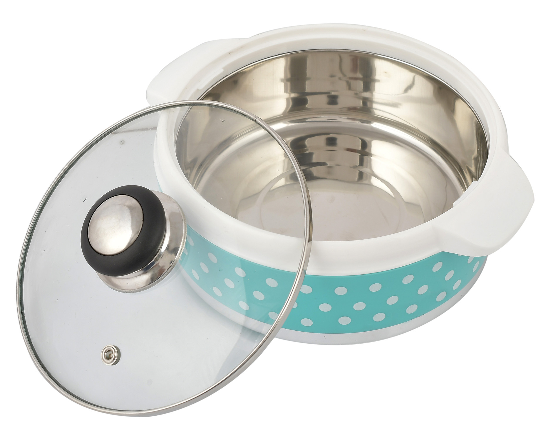 Kuber Industries Dot Printed Inner Steel Casserole With Toughened Glass Lid, 1500ml (Green)-HS42KUBMART25001