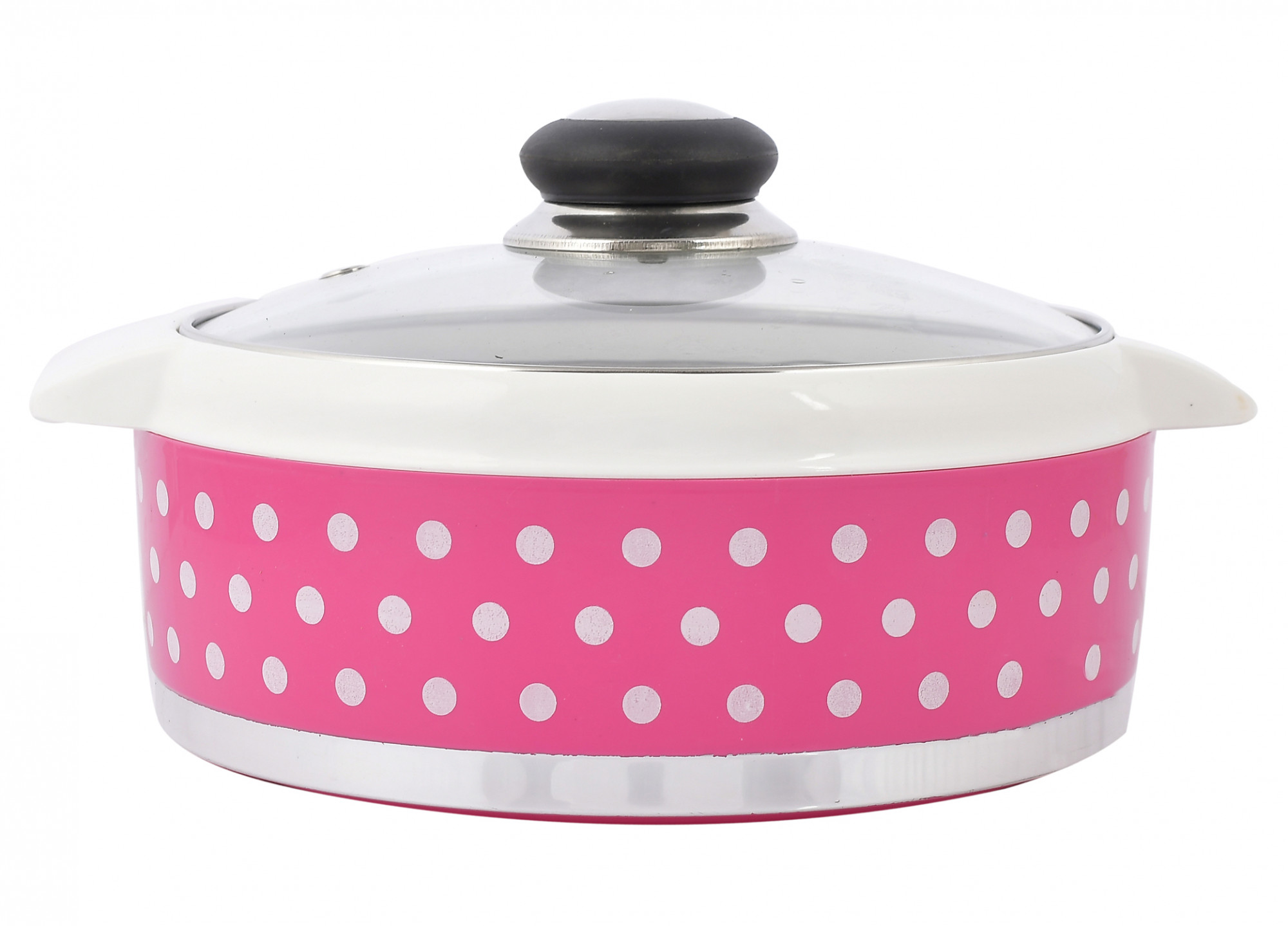 Kuber Industries Dot Printed Inner Steel Casserole With Toughened Glass Lid, 1500ml (Pink)-HS42KUBMART25005