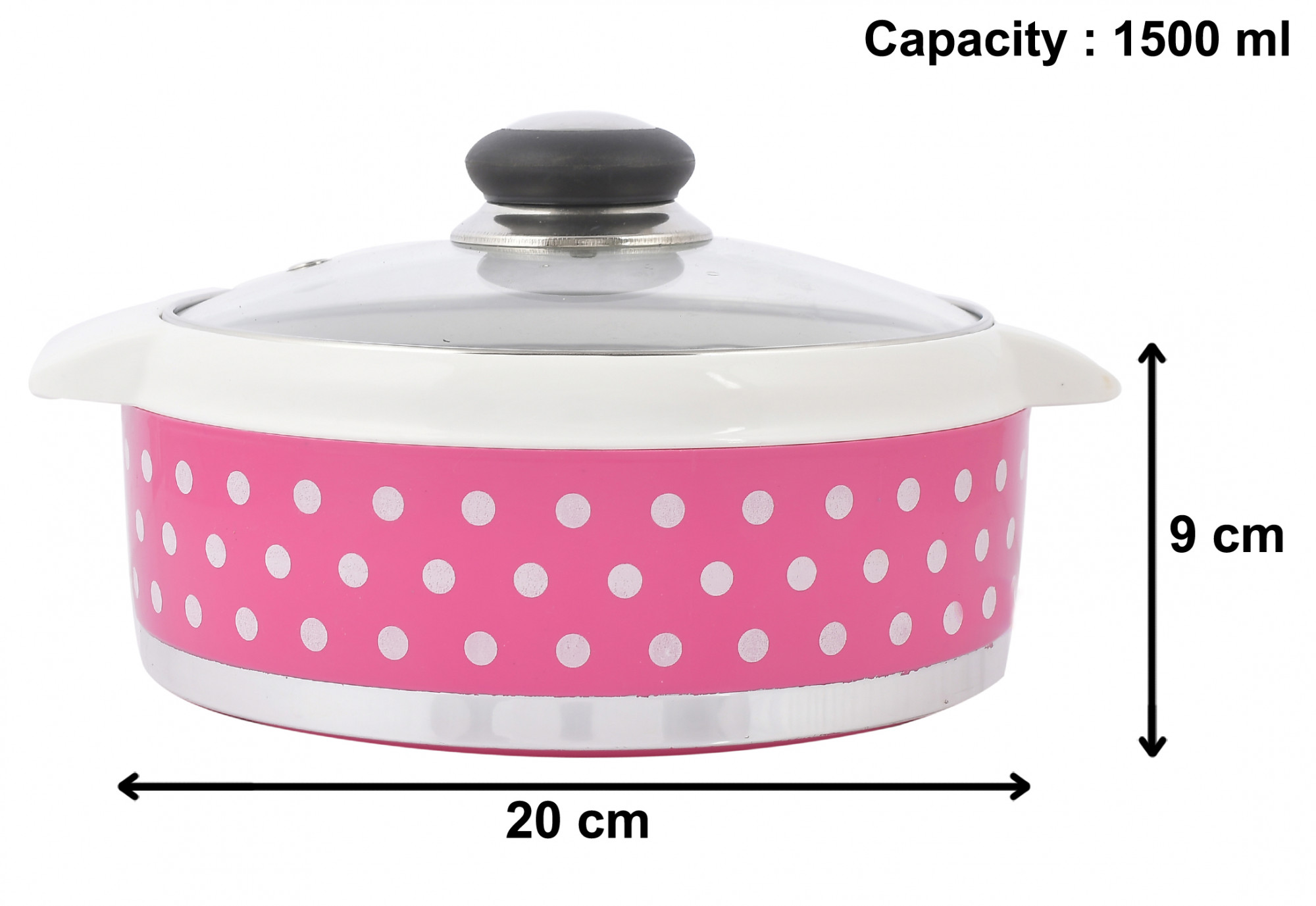 Kuber Industries Dot Printed Inner Steel Casserole With Toughened Glass Lid, 1500ml (Pink)-HS42KUBMART25005