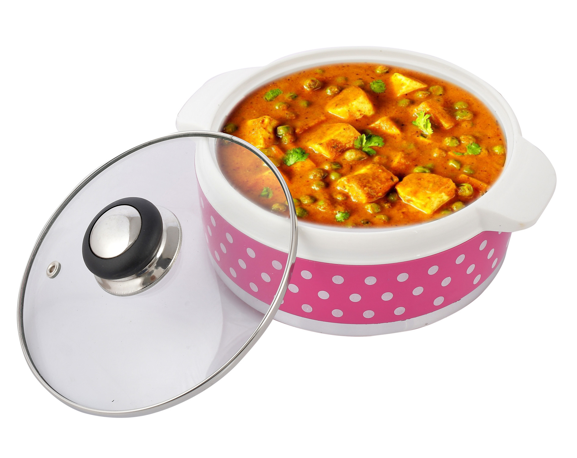 Kuber Industries Dot Printed Inner Steel Casserole With Toughened Glass Lid, 1500ml (Pink)-HS42KUBMART25005