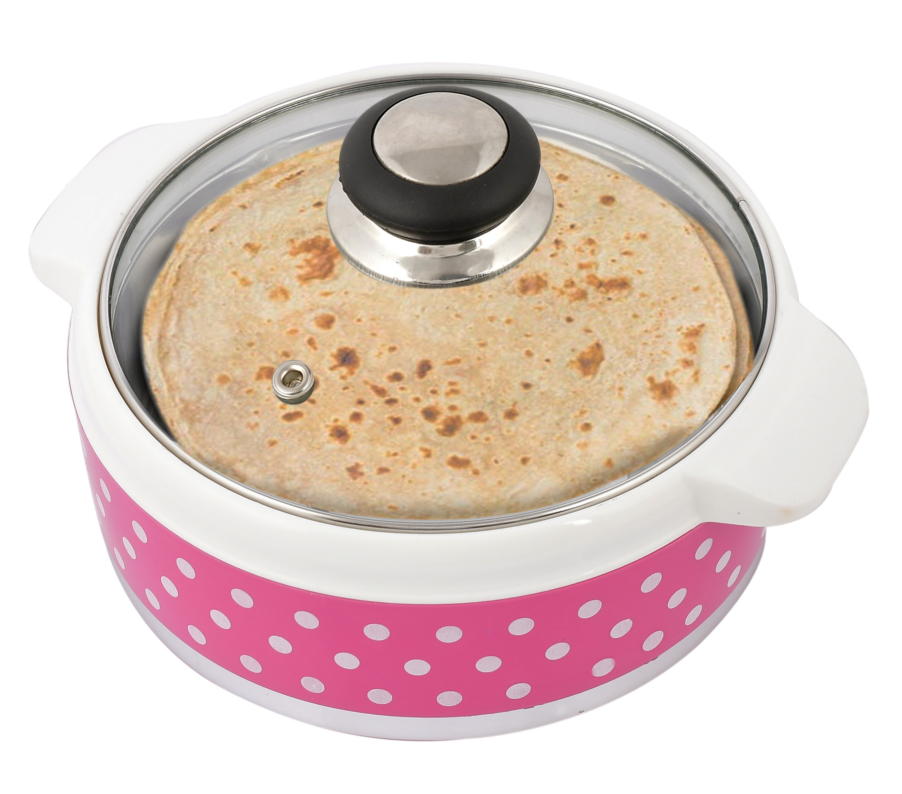 Kuber Industries Dot Printed Inner Steel Casserole With Toughened Glass Lid, 1500ml (Pink)-HS42KUBMART25005