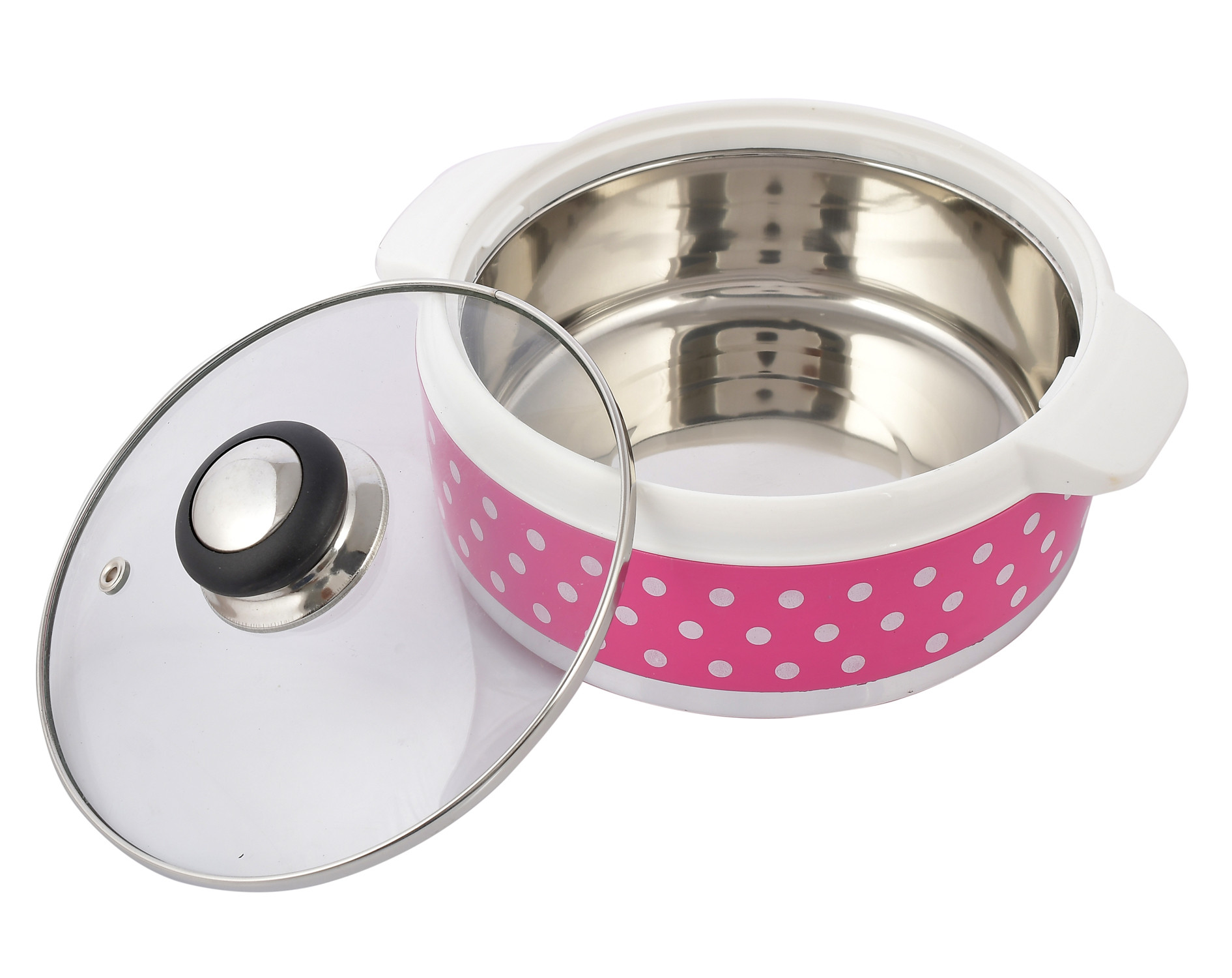 Kuber Industries Dot Printed Inner Steel Casserole With Toughened Glass Lid, 1500ml (Pink)-HS42KUBMART25005