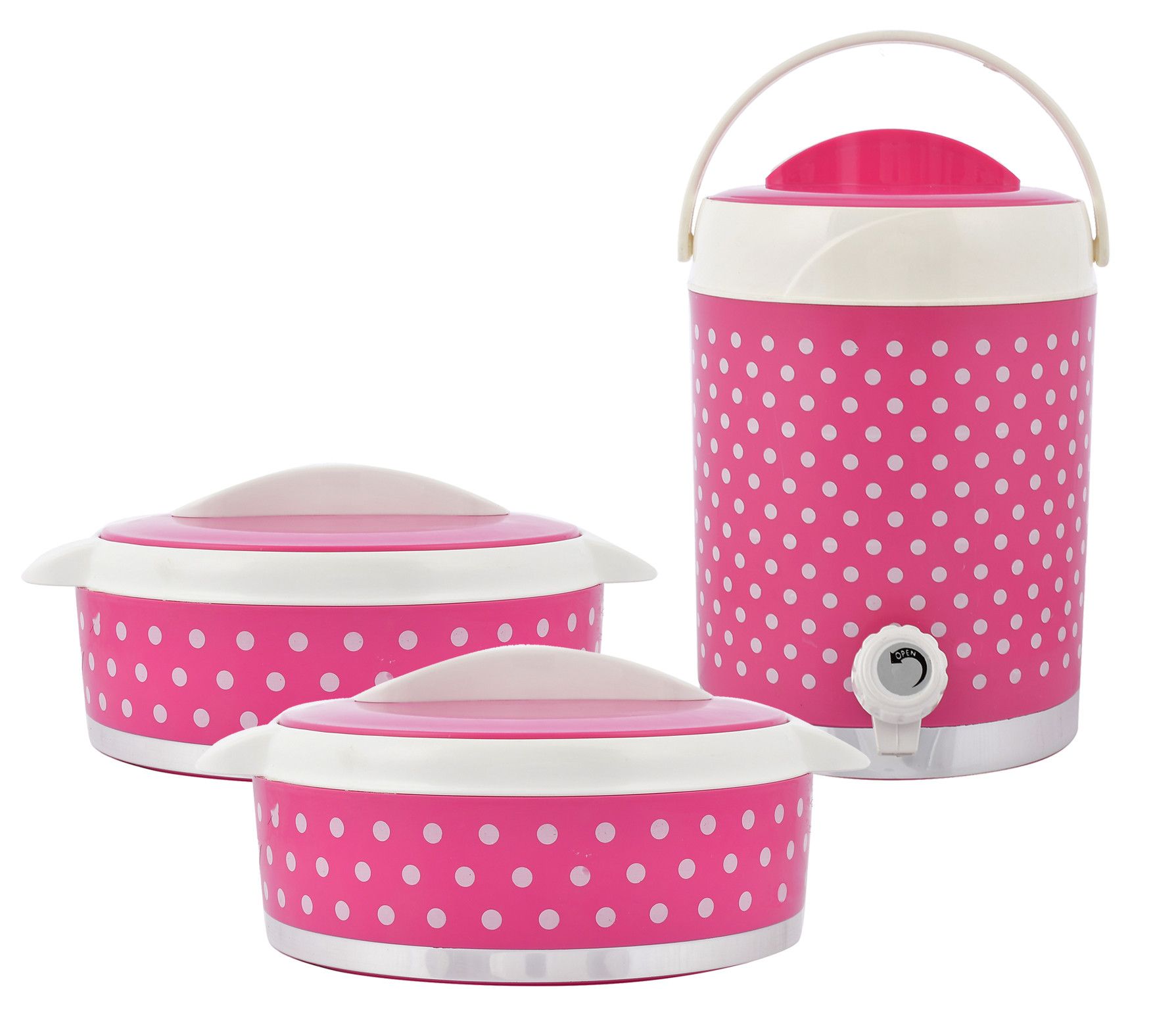 Kuber Industries Dot Printed Inner Steel Insulated 2 Cassrole & 1 Water Jug/Camper Set, Set of 3 (Pink) -HS42KUBMART25143