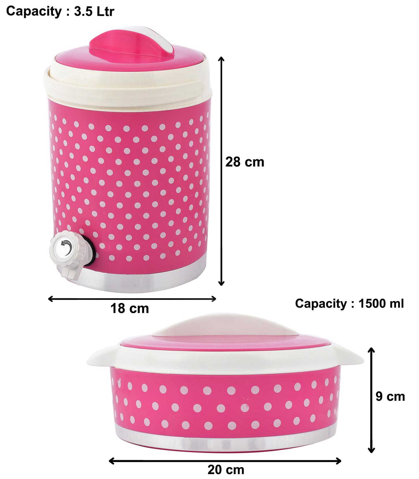 Kuber Industries Dot Printed Inner Steel Insulated 2 Cassrole & 1 Water Jug/Camper Set, Set of 3 (Pink) -HS42KUBMART25143