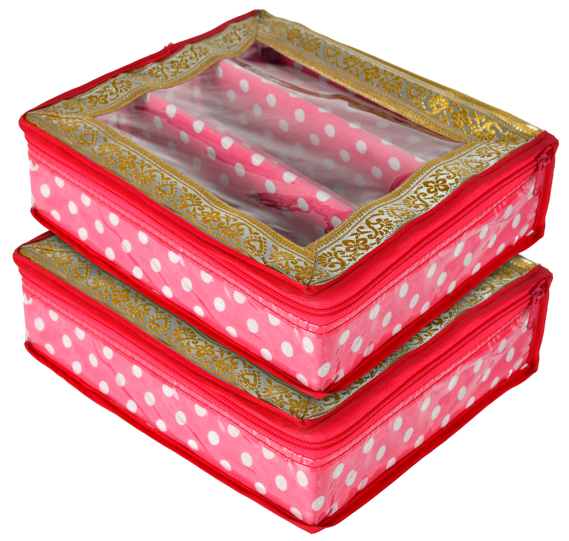 Kuber Industries Dot Printed Laminated 3 Rod Bangle, Chudi, Watches & Bracelet Box/Organizer With Transparent Top (Pink)-HS43KUBMART25537