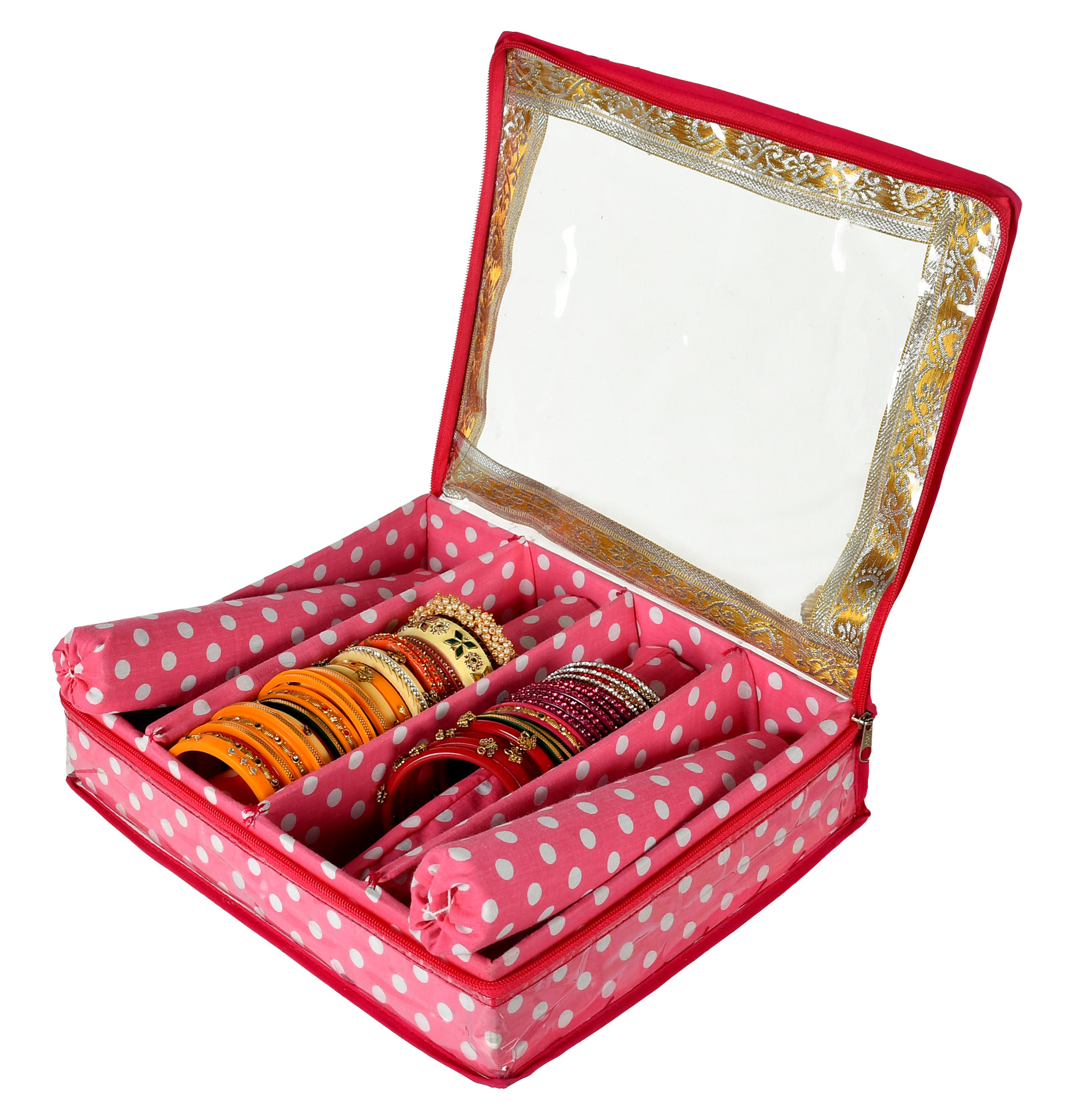 Kuber Industries Dot Printed Laminated 4  Rod Bangle, Chudi, Watches & Bracelet Box/Organizer With Transparent Top (Pink)-HS43KUBMART25541