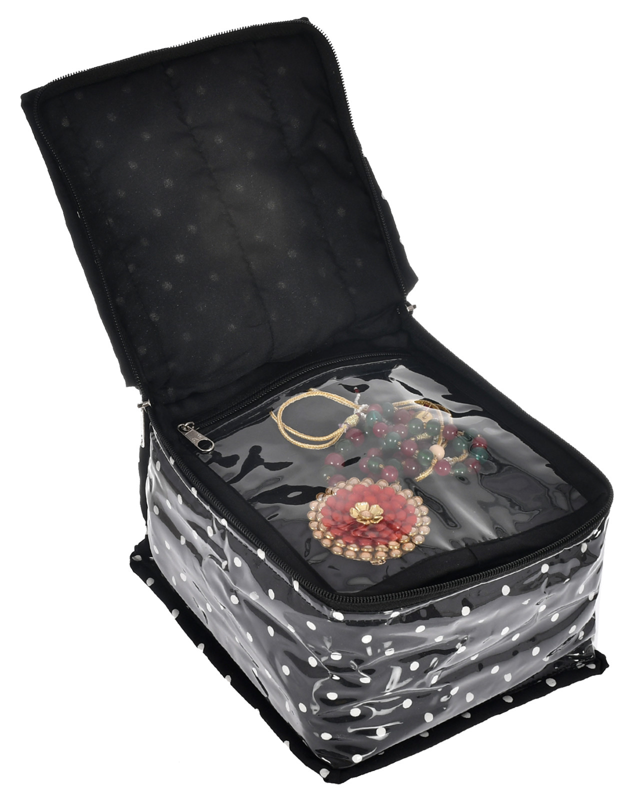 Kuber Industries Dot Printed Laminated PVC Jewellery Organiser/Storage Bag for Necklace: Earrings: Rings: Bracelet With 10 Transparent Pouches (Black)-45KM025