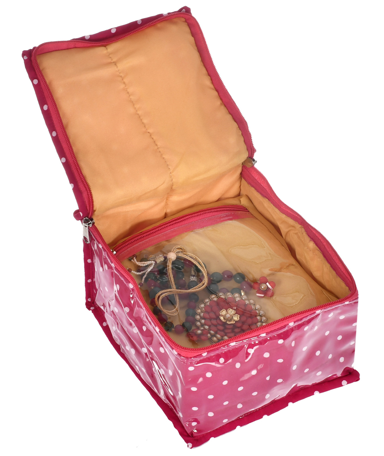 Kuber Industries Dot Printed Laminated PVC Jewellery Organiser/Storage Bag for Necklace: Earrings: Rings: Bracelet With 10 Transparent Pouches (Pink)-45KM029