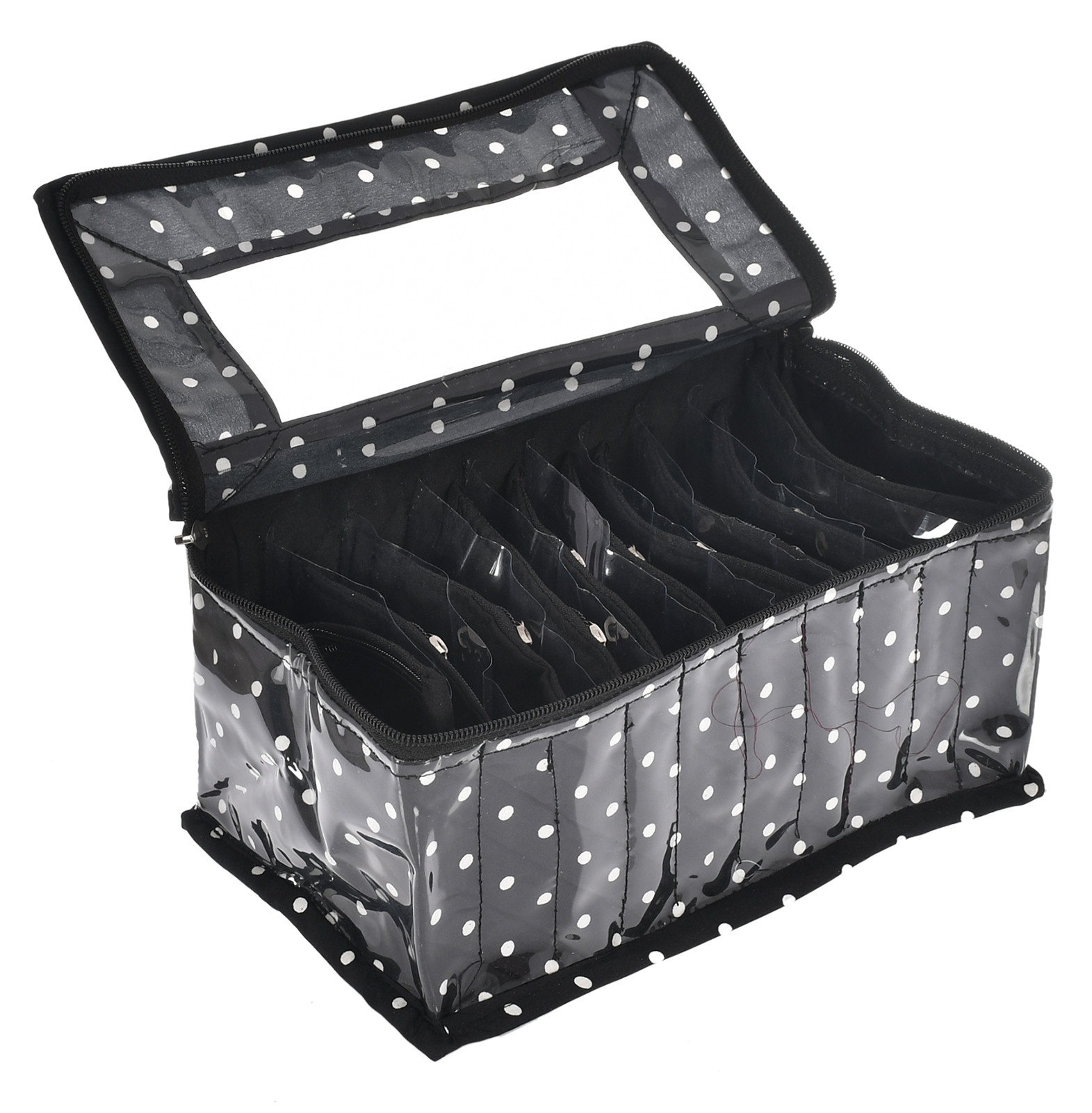 Kuber Industries Dot Printed Laminated PVC Jewellry OrganiserBag for Necklace: Earrings: Rings With 10 Transparent Pouches (Black)-45KM01