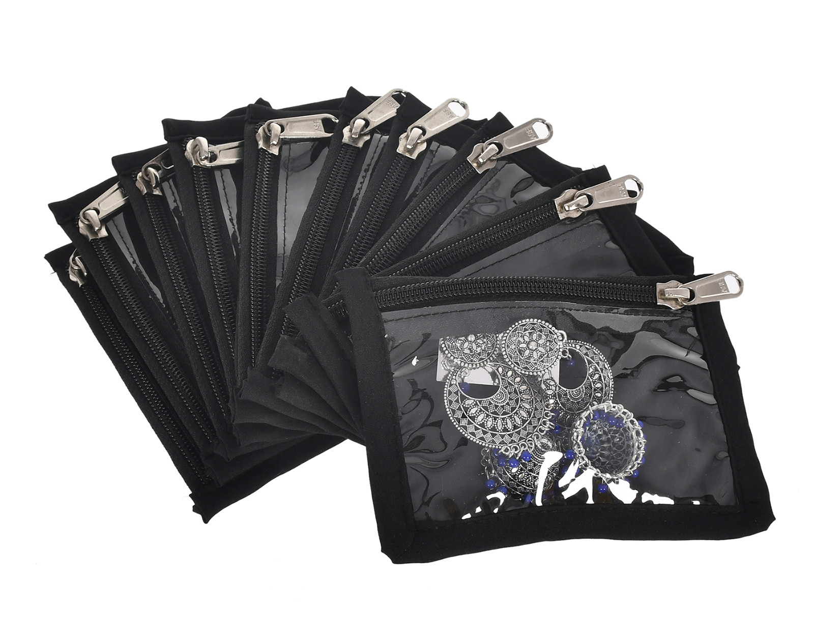 Kuber Industries Dot Printed Laminated PVC Jewellry OrganiserBag for Necklace: Earrings: Rings With 10 Transparent Pouches (Black)-45KM01