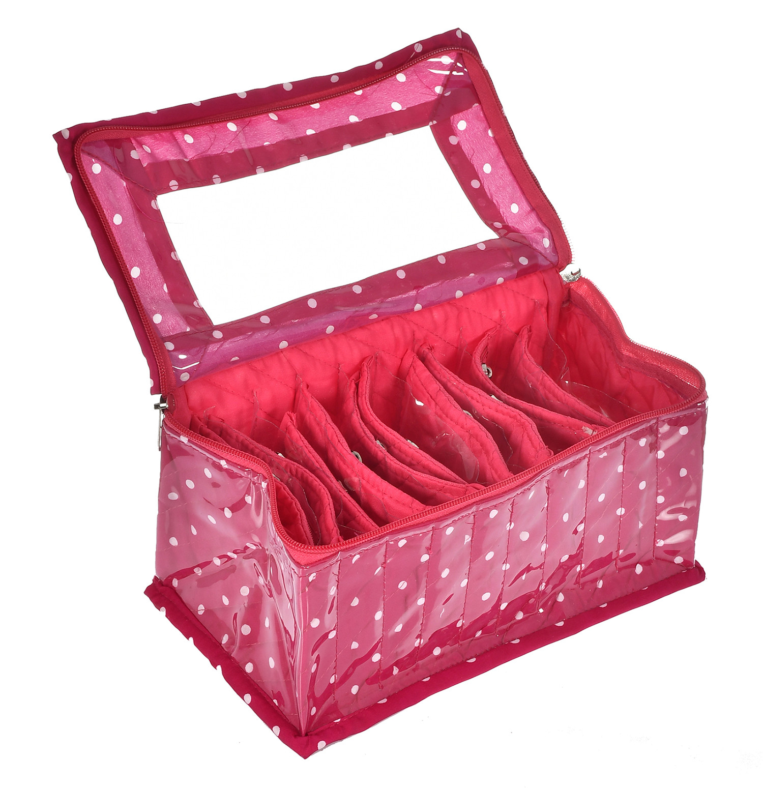 Kuber Industries Dot Printed Laminated PVC Jewellry OrganiserBag for Necklace: Earrings: Rings With 10 Transparent Pouches (Pink)-45KM05