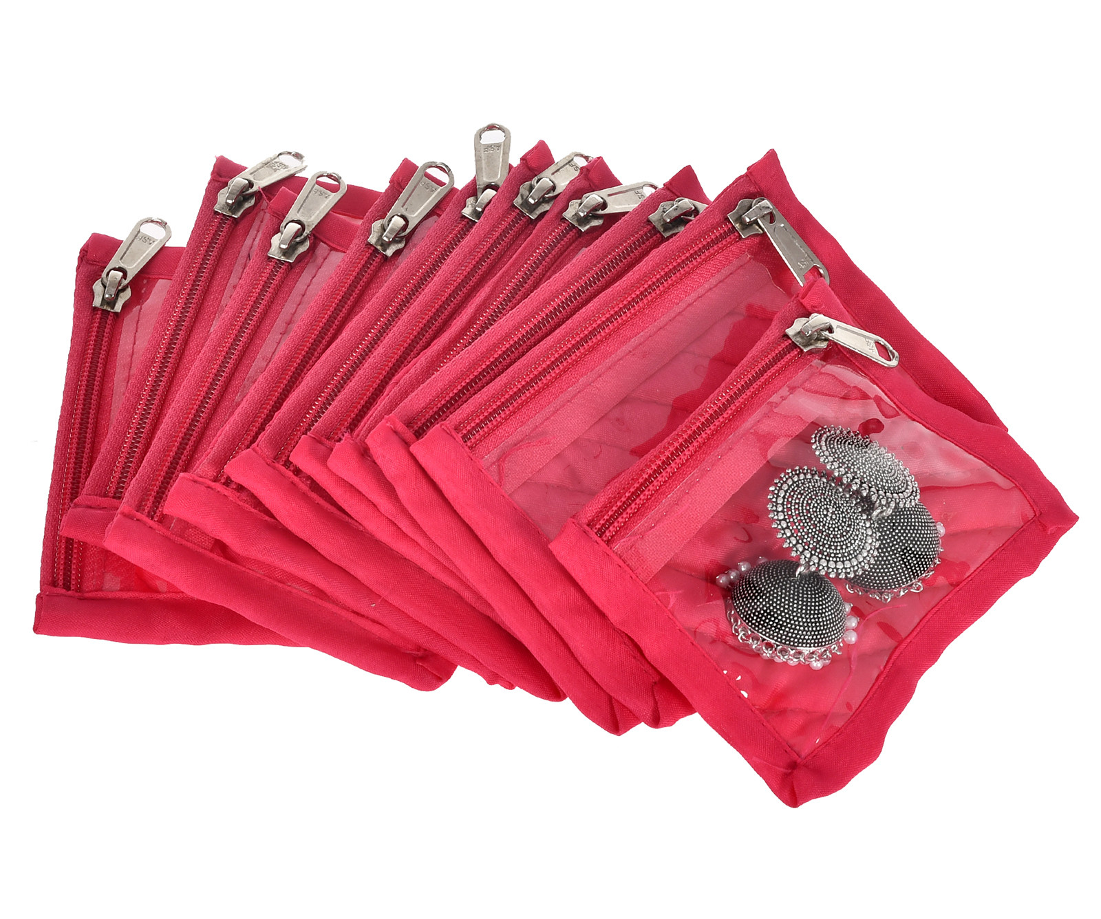 Kuber Industries Dot Printed Laminated PVC Jewellry OrganiserBag for Necklace: Earrings: Rings With 10 Transparent Pouches (Pink)-45KM05