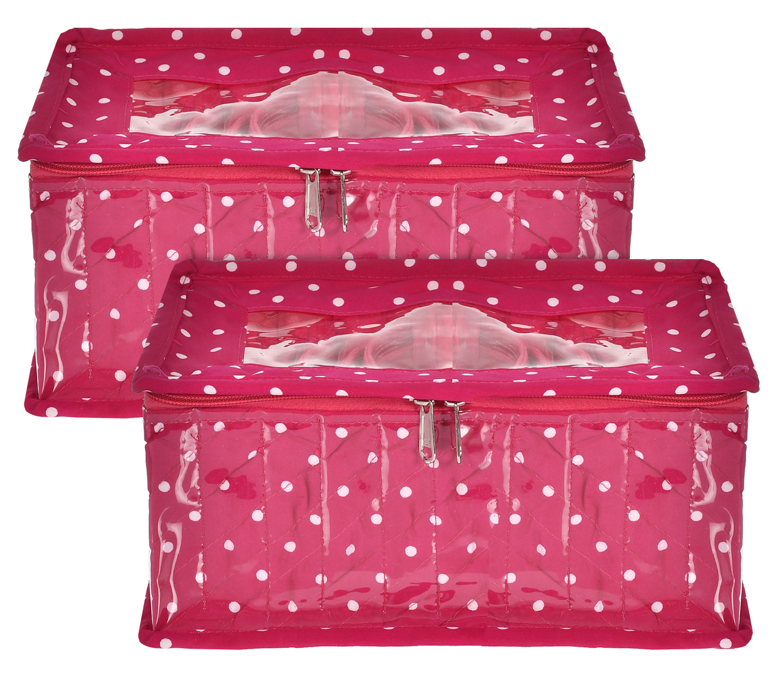 Kuber Industries Dot Printed Laminated PVC Jewellry OrganiserBag for Necklace: Earrings: Rings With 10 Transparent Pouches (Pink)-45KM05