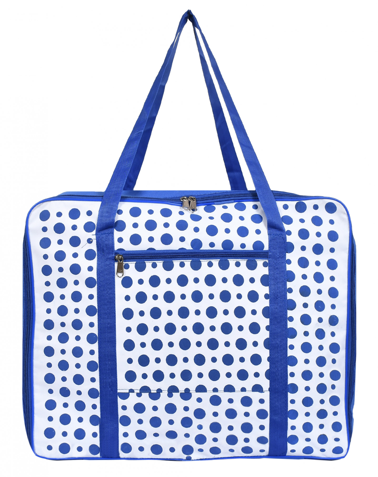 Kuber Industries Dot Printed Large Size Foldable Travel Duffle Bag, Underbed Storage Bag, Wardrobe organizer, Cloth Bag,Hospital Bag, Weekender Bag, Overnight Bag, Carry On Bag, Luggage And Sports Duffle Bag (Blue & White)