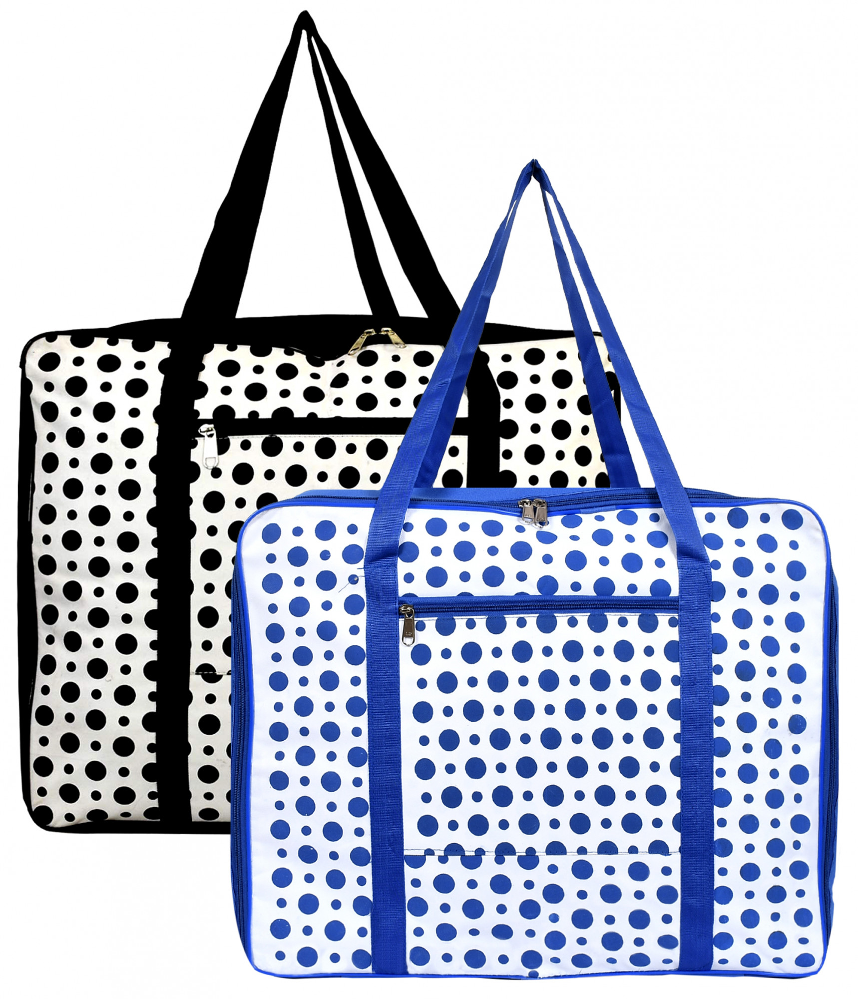 Kuber Industries Dot Printed Large Size Foldable Travel Duffle Bag, Underbed Storage Bag, Wardrobe organizer, Cloth Bag,Hospital Bag, Weekender Bag, Overnight Bag, Carry On Bag, Luggage And Sports Duffle Bag- Pack of 2 (Black & Blue)