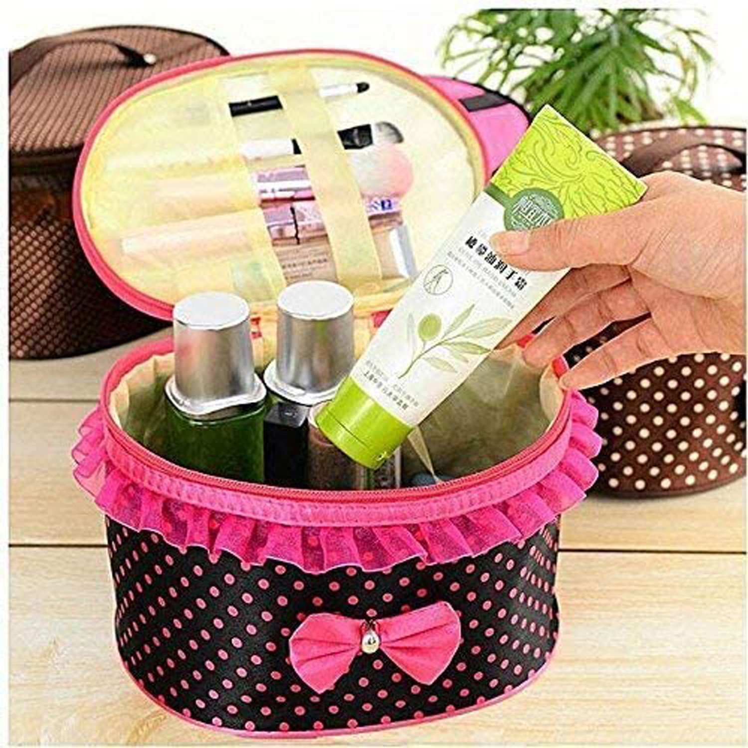Kuber Industries Dot Printed Multifunction Travel Cosmetic Make-Up Bag with Small Mirror for Cosmetics, Makeup, Brushes (Pink & Red)